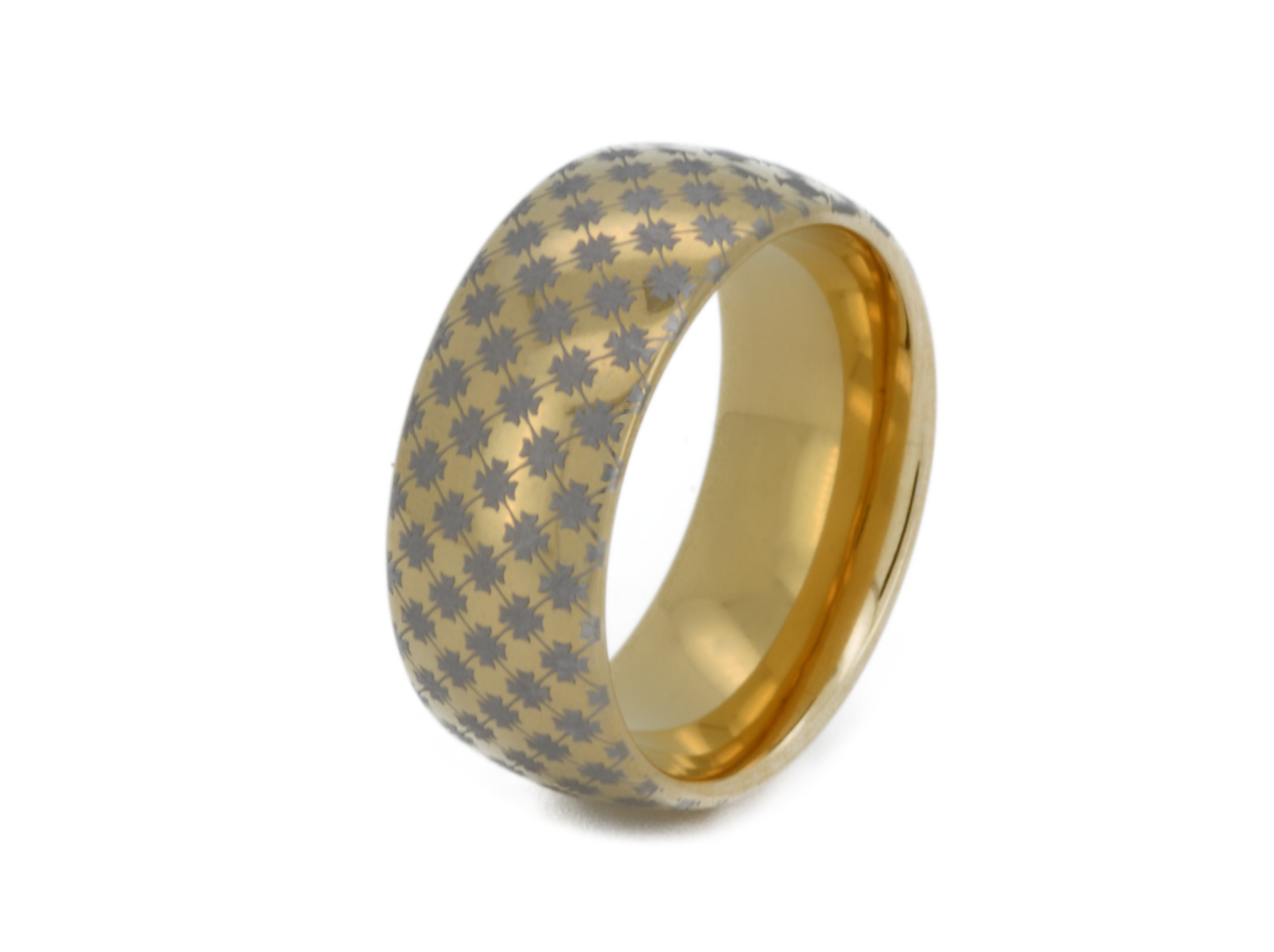 Highly polished Yellow gold tungsten ring with unique elegant white engraving of cross or star like ornamental engraving, elegant geometric pattern, premium high detail pattern. An ideal elegant gift for travellers and adventurers. Premium anniversary wedding band for special occasion or engagement. Luxury promise ring for friend, girlfriend, mother, mom or granny. Ideal original personalized present for her and him