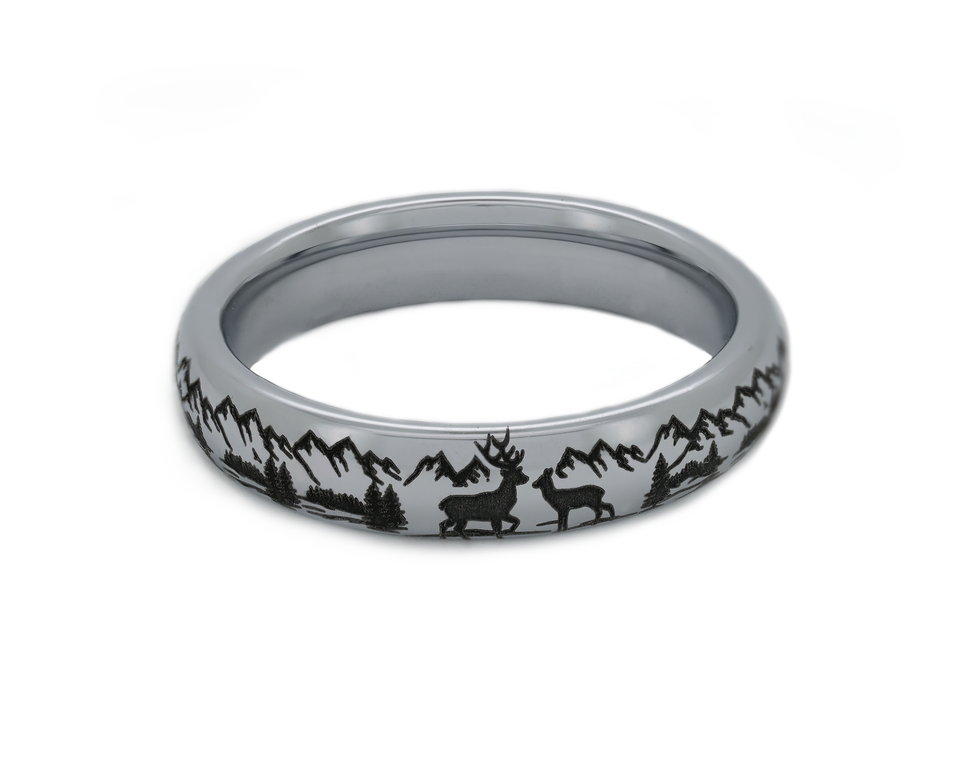 Tungsten carbide ring with laser engraved mountain landscape and deer motif, minimalist nature inspired men’s wedding band by HoloRing