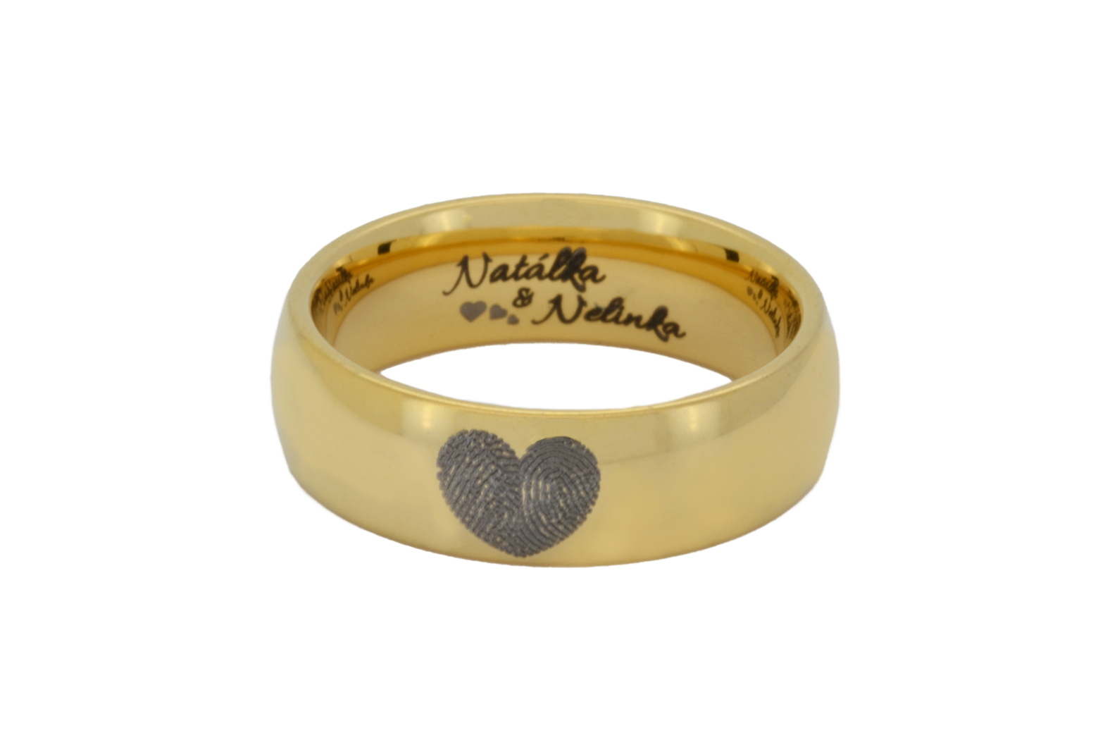 Yellow gold tungsten ring with engraved fingerprint heart and with inner engraving of names.