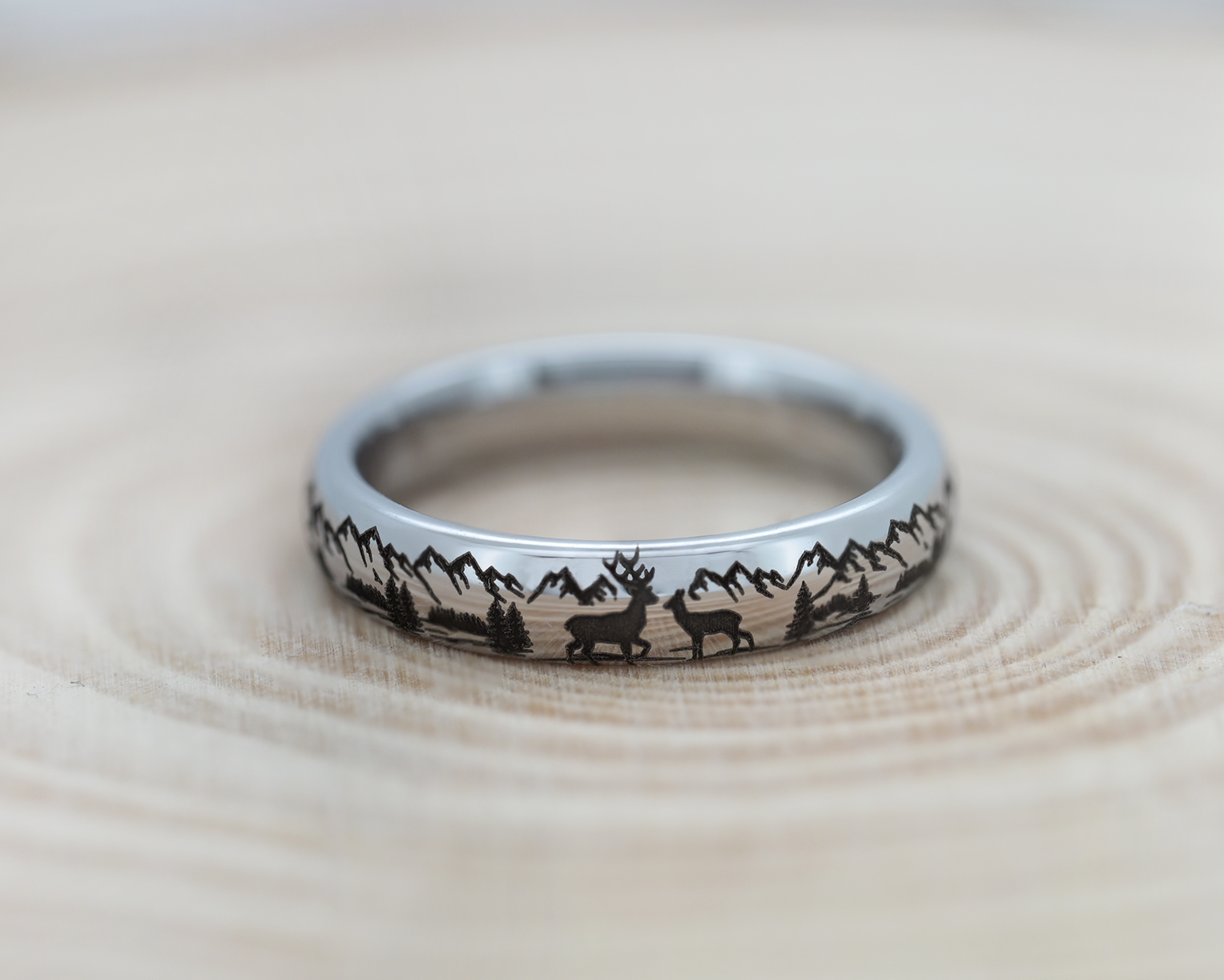 Nature inspired tungsten ring with detailed laser engraving of mountains and deer, durable hypoallergenic men’s ring by HoloRing