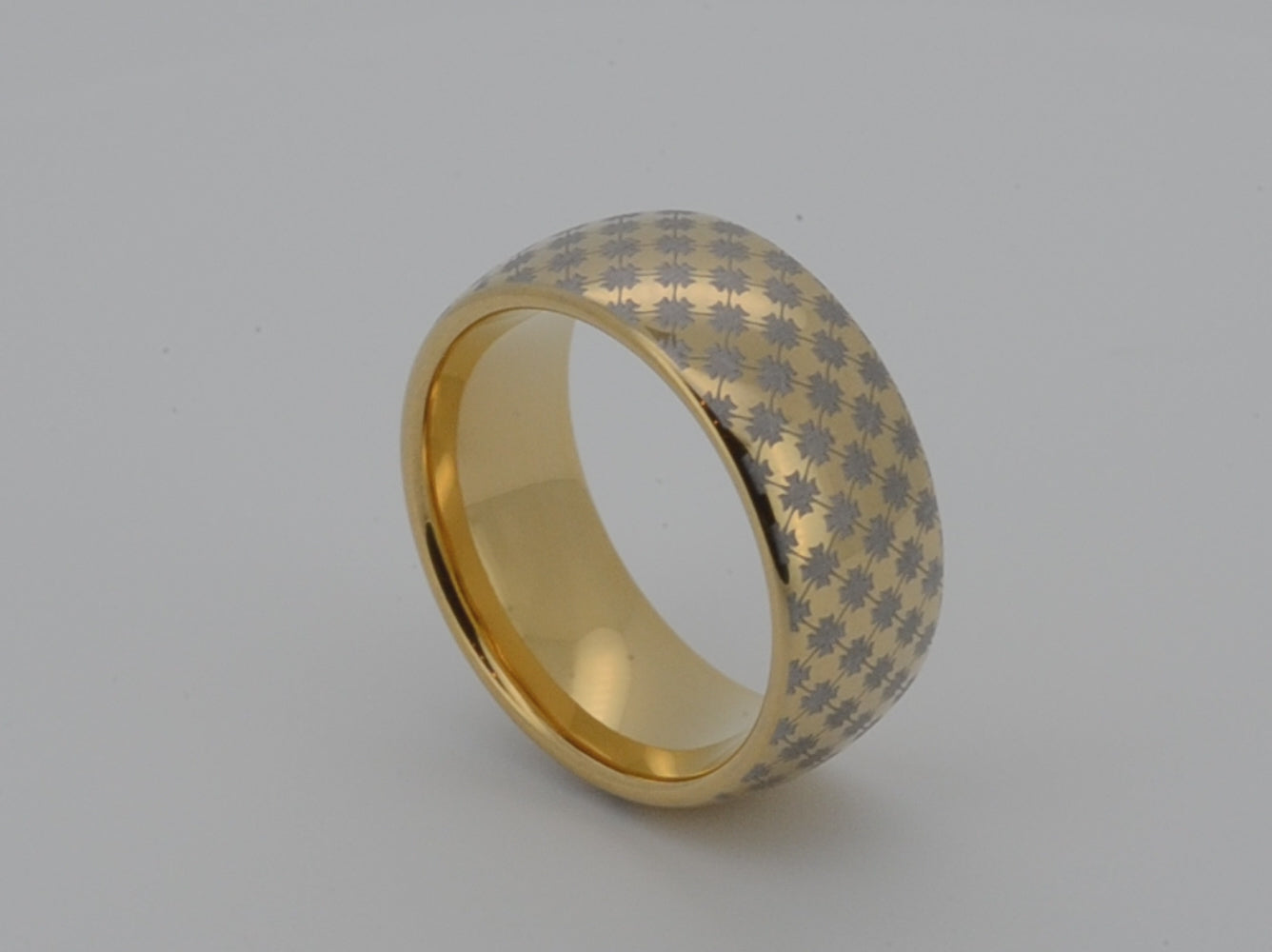 Highly polished Yellow gold tungsten ring with unique elegant white engraving of cross or star like ornamental engraving, elegant geometric pattern, premium high detail pattern. An ideal elegant gift for travellers and adventurers. Premium anniversary wedding band for special occasion or engagement. Luxury promise ring for friend, girlfriend, mother, mom or granny. Ideal original personalized present for her and him