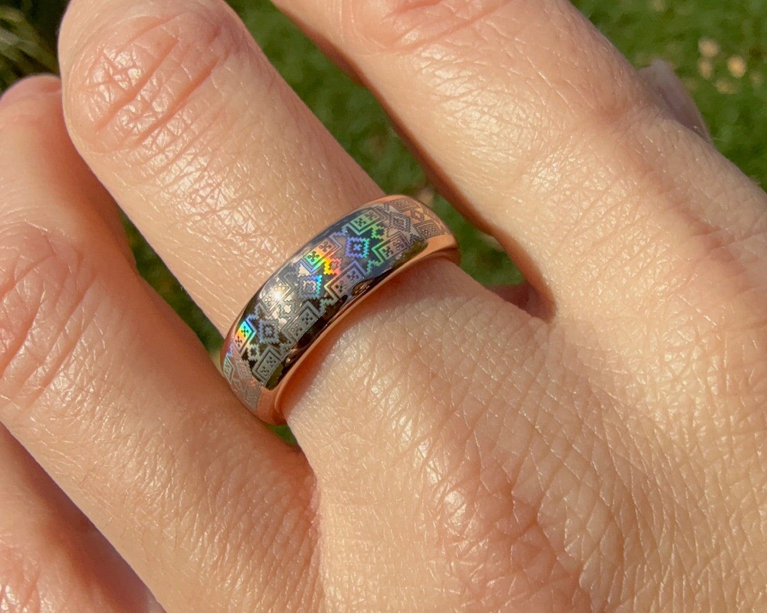 Tungsten Carbide Ring with Holographic Tribal-Inspired Pixel Ornament