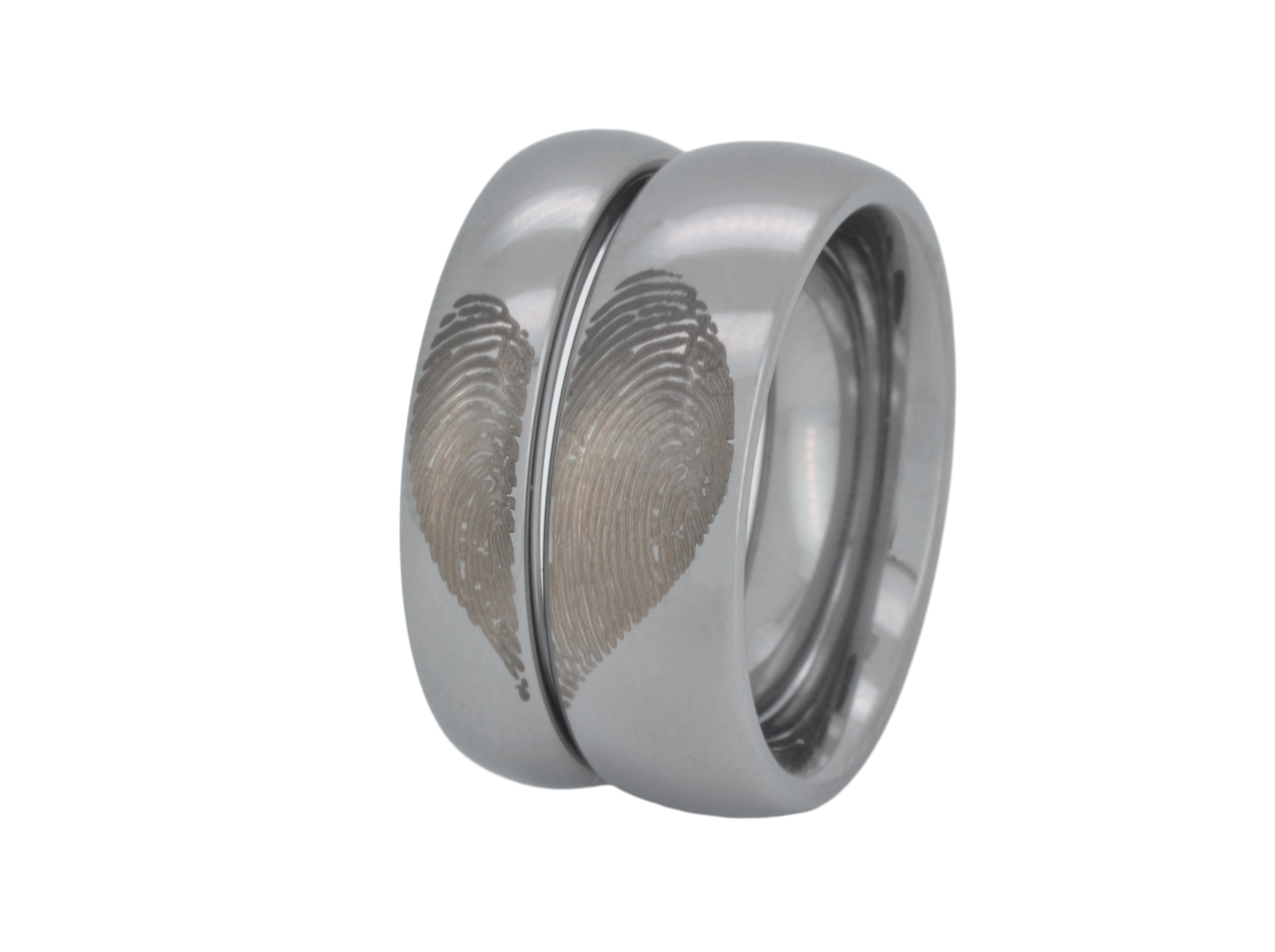 Paire de bagues HoloRing avec empreinte digitale et gravure laser personnelle.