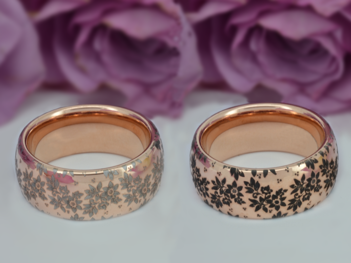 Two rose gold-tone HoloRing rings with floral engraving