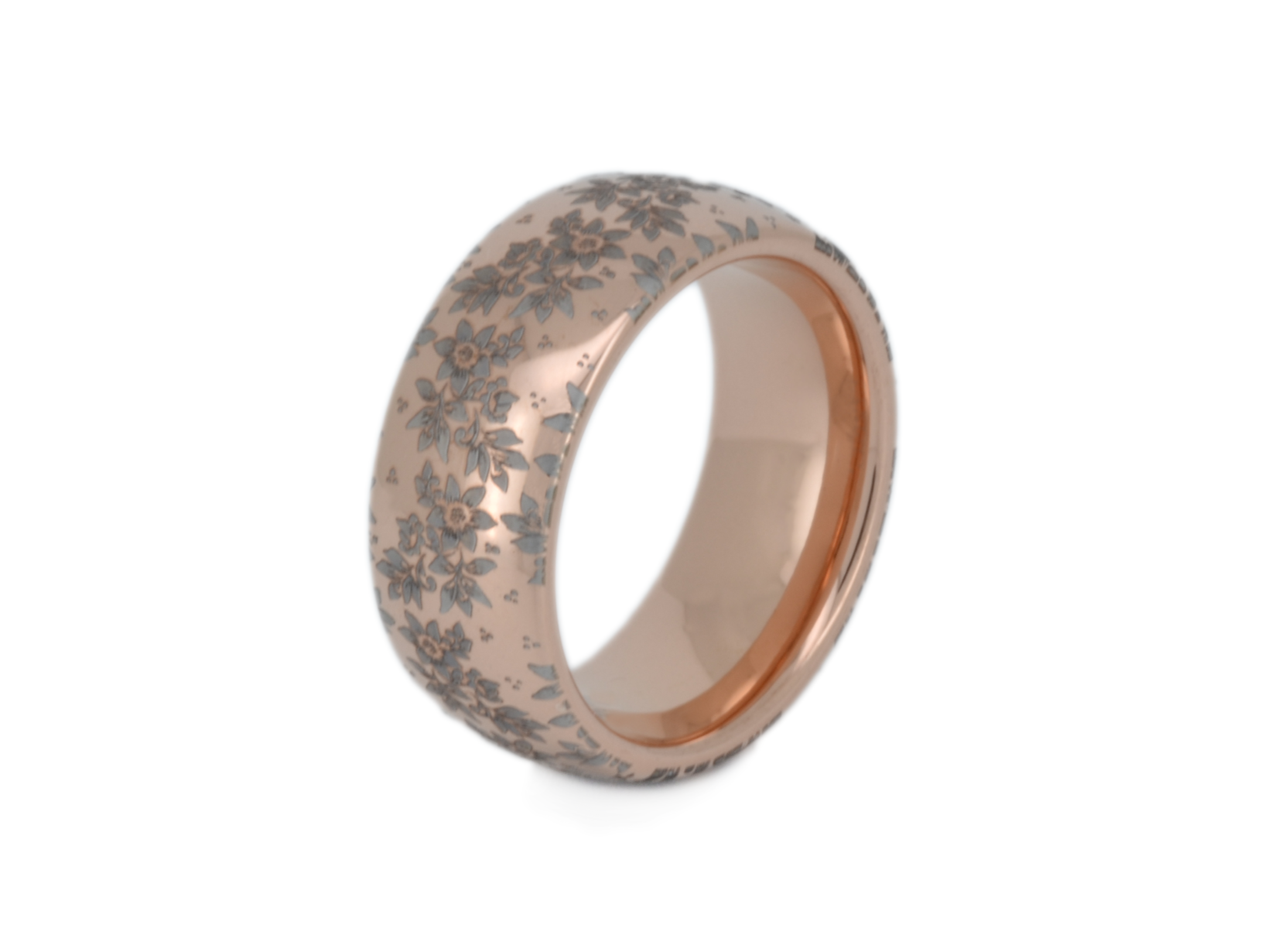 Elegant rose gold tungsten ring with unique nature inspired floral engraving, plant pattern. Luxury anniversary wedding band for special occasion or engagement. Luxury promise ring for friend, girlfriend, mother, mom or granny. Ideal original personalized present for her and him.