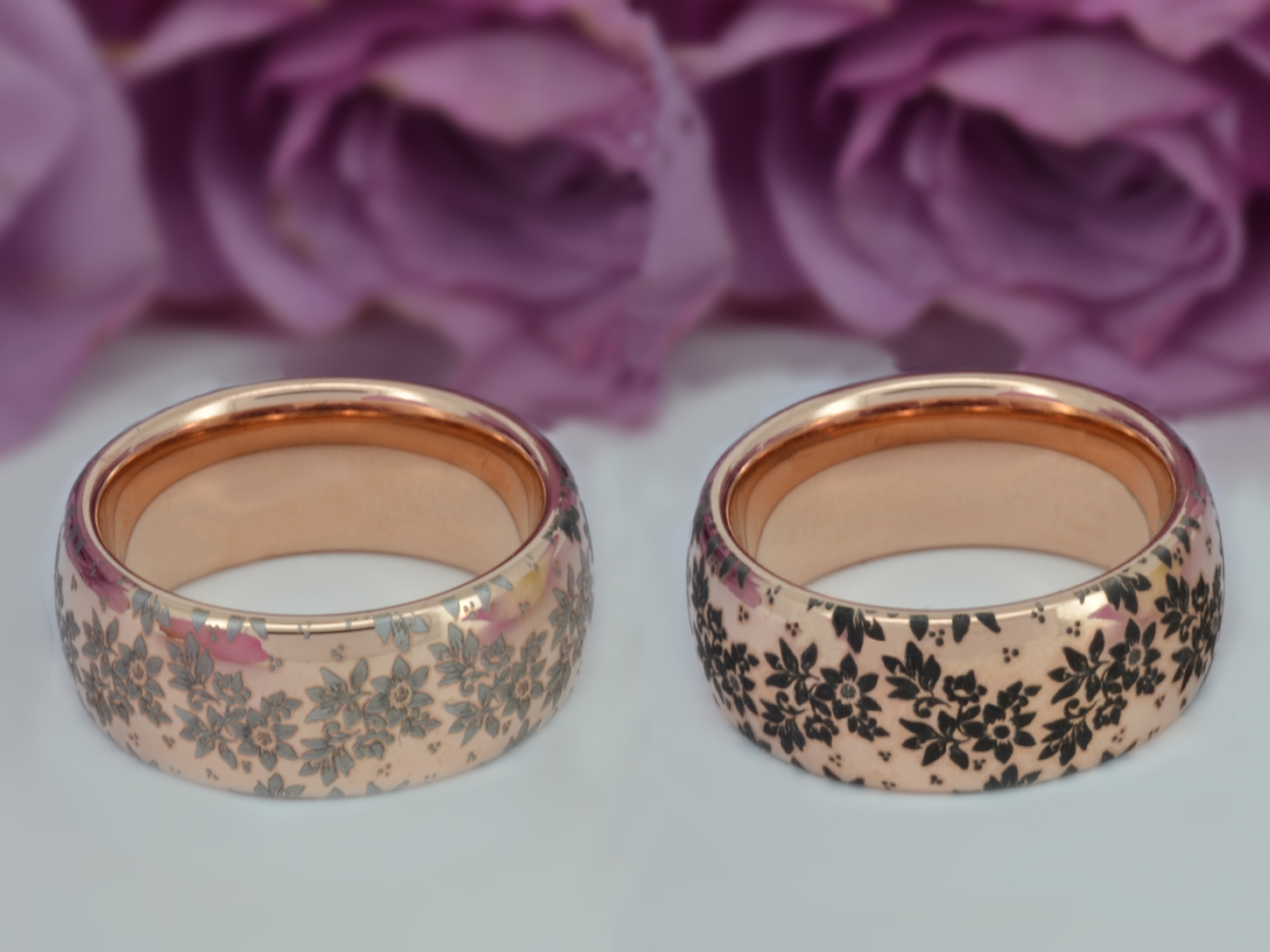 Elegant rose gold tungsten ring with unique nature inspired floral engraving, plant pattern. Luxury anniversary wedding band for special occasion or engagement. Luxury promise ring for friend, girlfriend, mother, mom or granny. Ideal original personalized present for her and him.