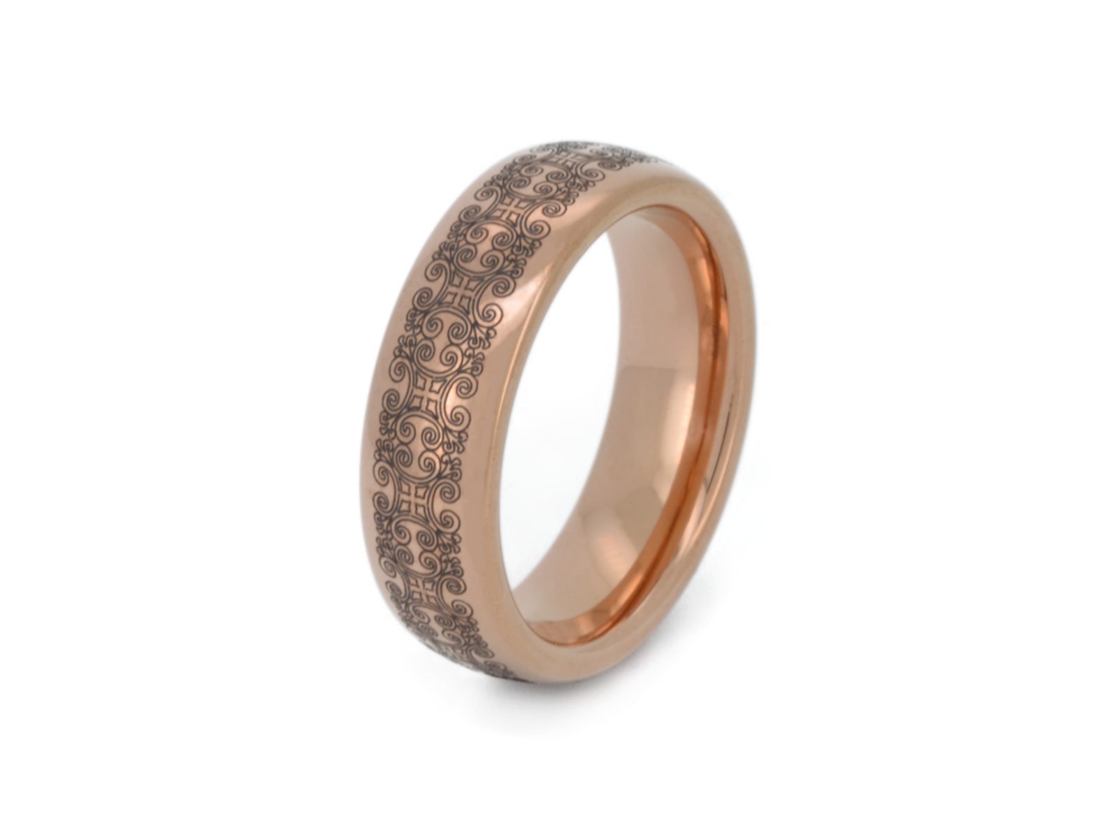 Rose gold tungsten ring with intricate antique-style engraving and a rose gold interior, isolated on a white background.