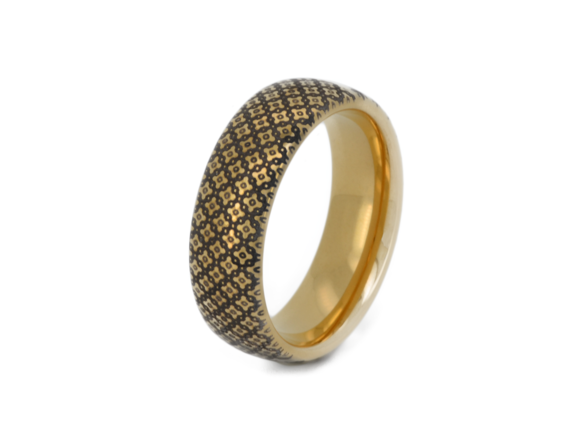 Highly polished Yellow gold tungsten ring with unique elegant black engraving of cross or star like ornamental engraving, elegant geometric pattern, premium high detail pattern. An ideal elegant gift for travellers and adventurers. Premium anniversary wedding band for special occasion or engagement. Luxury promise ring for friend, girlfriend, mother, mom or granny. Ideal original personalized present for her and him