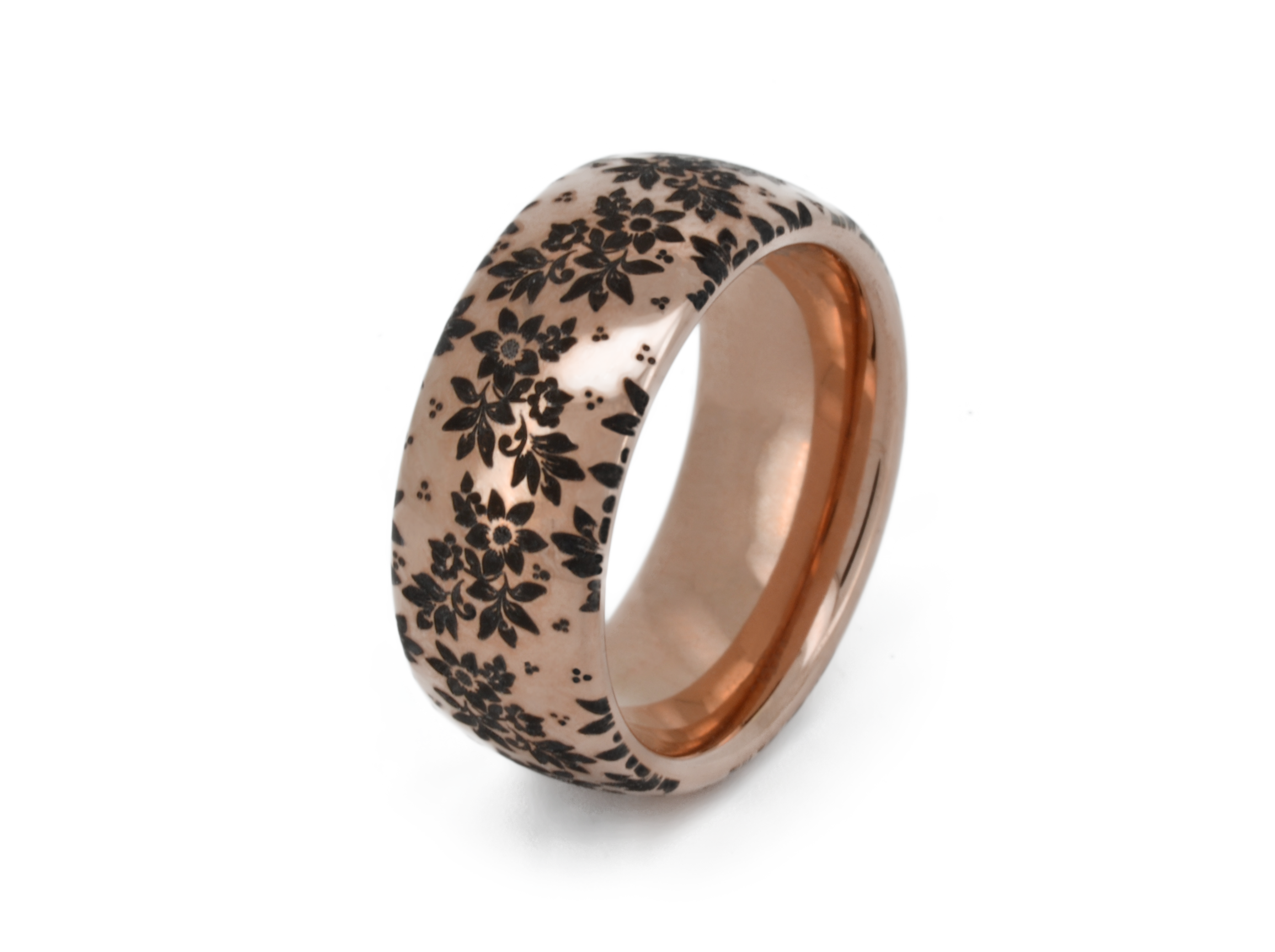 Elegant rose gold tungsten ring with unique nature inspired floral engraving, plant pattern. Luxury anniversary wedding band for special occasion or engagement. Luxury promise ring for friend, girlfriend, mother, mom or granny. Ideal original personalized present for her and him.