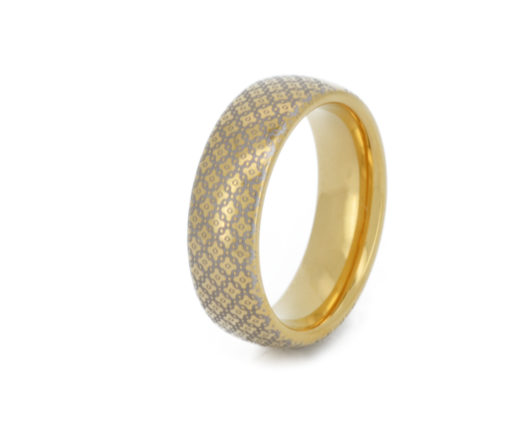 Gold wedding tungsten ring with a timeless diamond pattern and a shiny finish, featuring an elegant design.