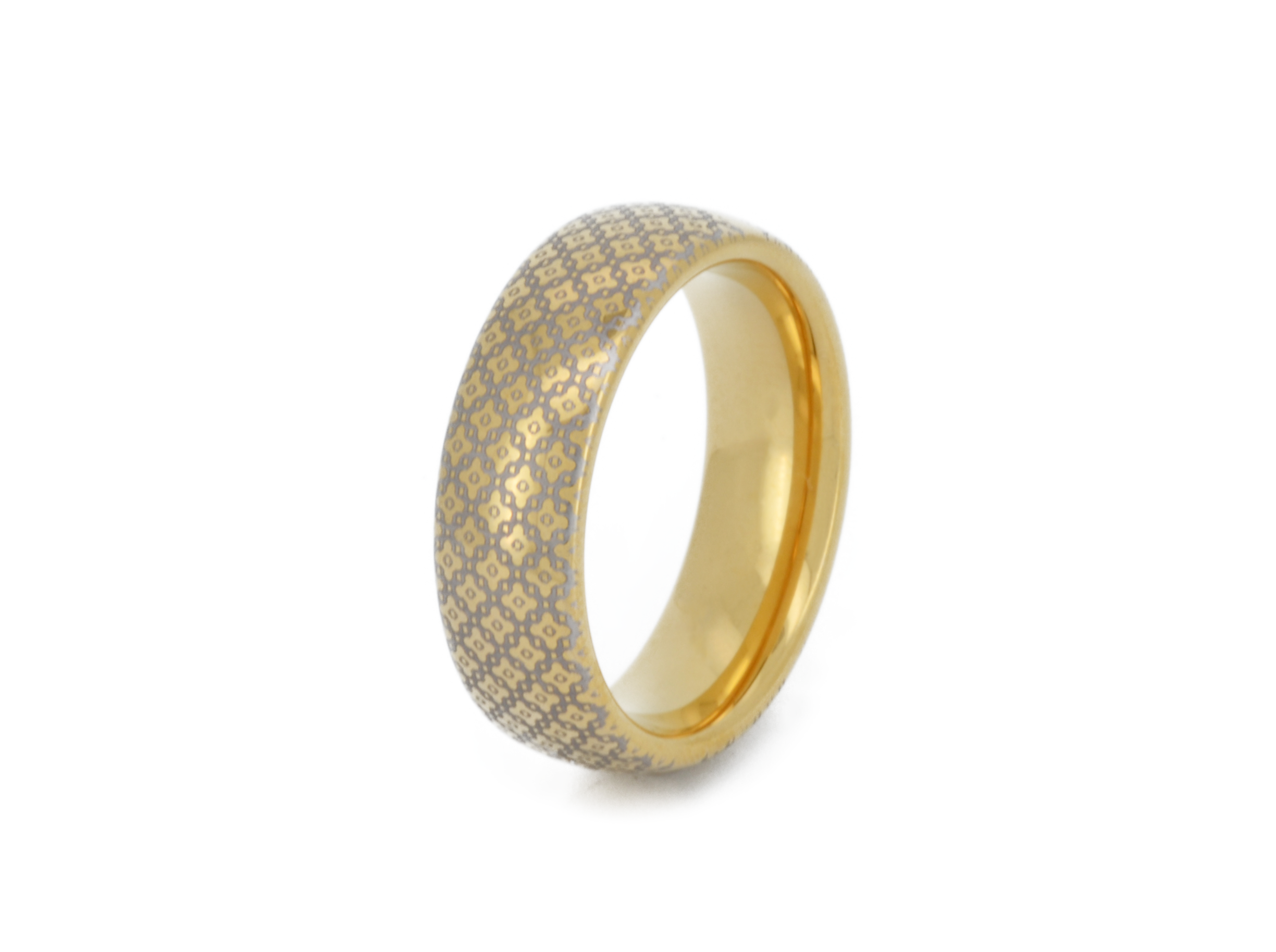 Gold wedding tungsten ring with a timeless diamond pattern and a shiny finish, featuring an elegant design.