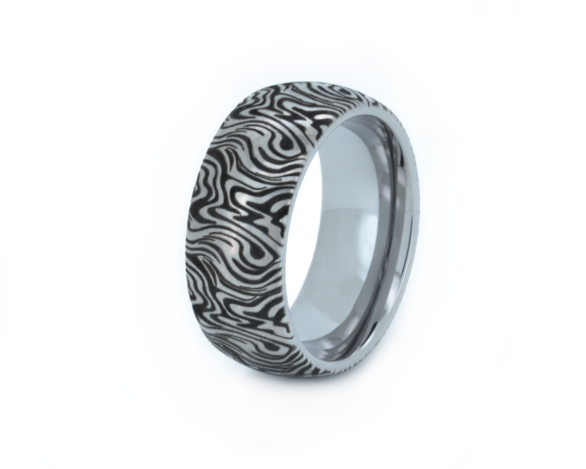 luxury white gold plated wedding band, elegant original unique abstract pattern made by AI, laser engraved ring, chic anniversary wedding engagement gift for special occations for him and her.
