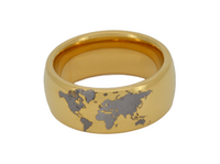 Highly polished Yellow gold tungsten ring with unique elegant white engraving of earth continents. An ideal elegant gift for travellers and adventurers. Premium anniversary wedding band for special occasion or engagement. Luxury promise ring for friend, girlfriend, mother, mom or granny. Ideal original personalized present for her and him