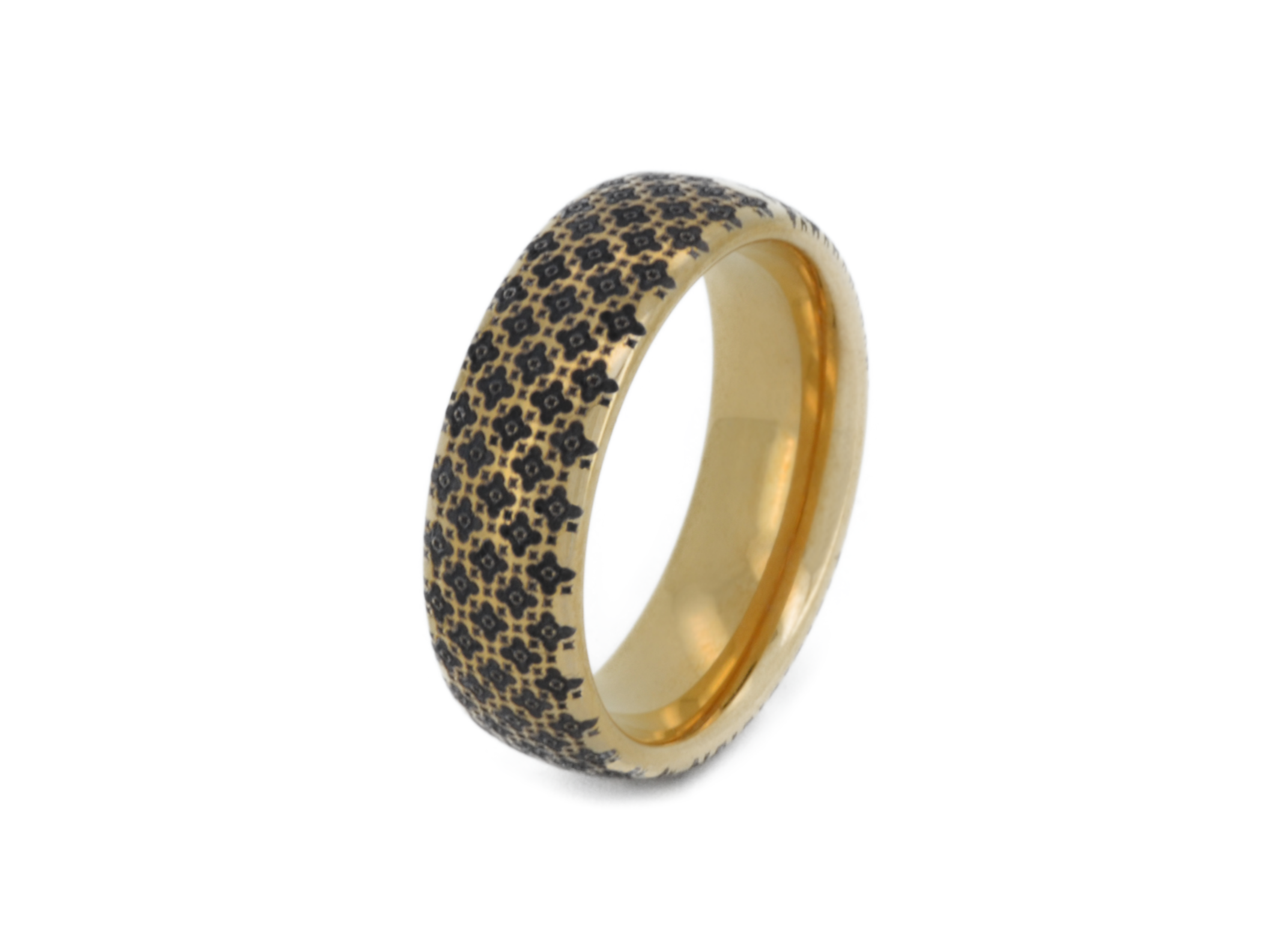 Highly polished Yellow gold tungsten ring with unique elegant black engraving of cross or star like ornamental engraving, elegant geometric pattern, premium high detail pattern. An ideal elegant gift for travellers and adventurers. Premium anniversary wedding band for special occasion or engagement. Luxury promise ring for friend, girlfriend, mother, mom or granny. Ideal original personalized present for her and him