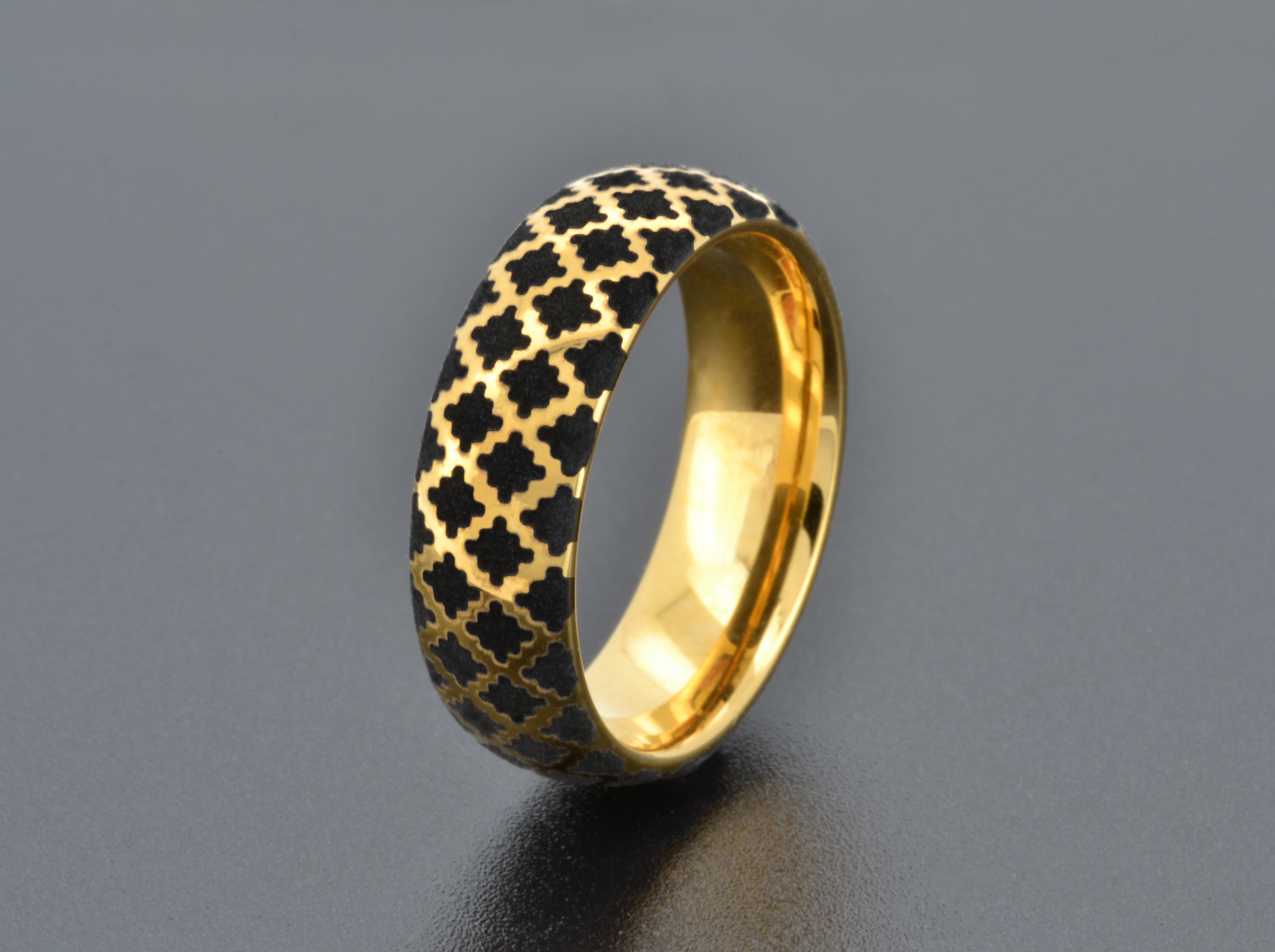 luxury elegant yellow gold plated tungsten ring, chic black engraving, unique pattern, best wedding anniversary ring for special occasions, ring for her and him