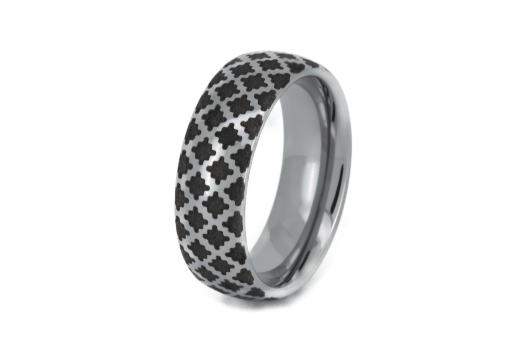 Tungsten ring with a white gold-plated surface and a timeless black diamond pattern.