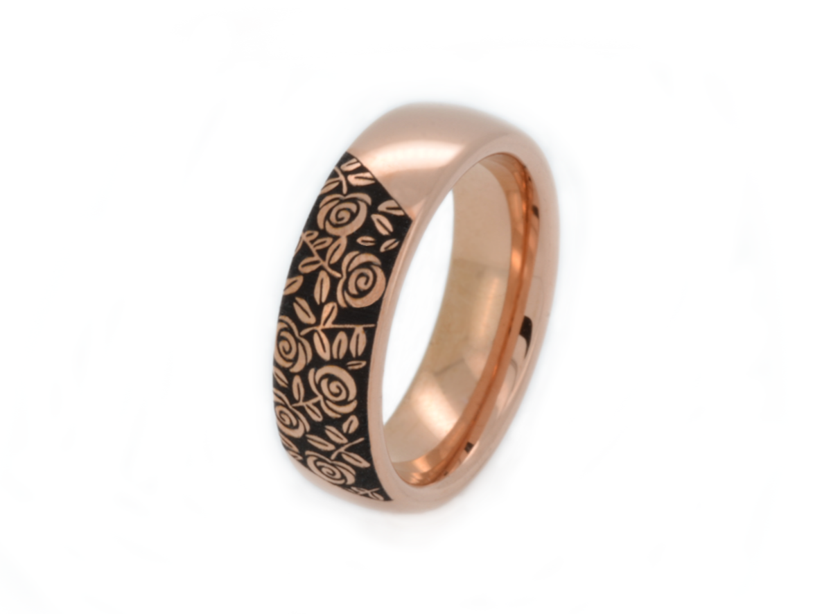 Blooming rose floral pattern on a luxury elegent rose gold plated tungsten ring, wedding anniversary band