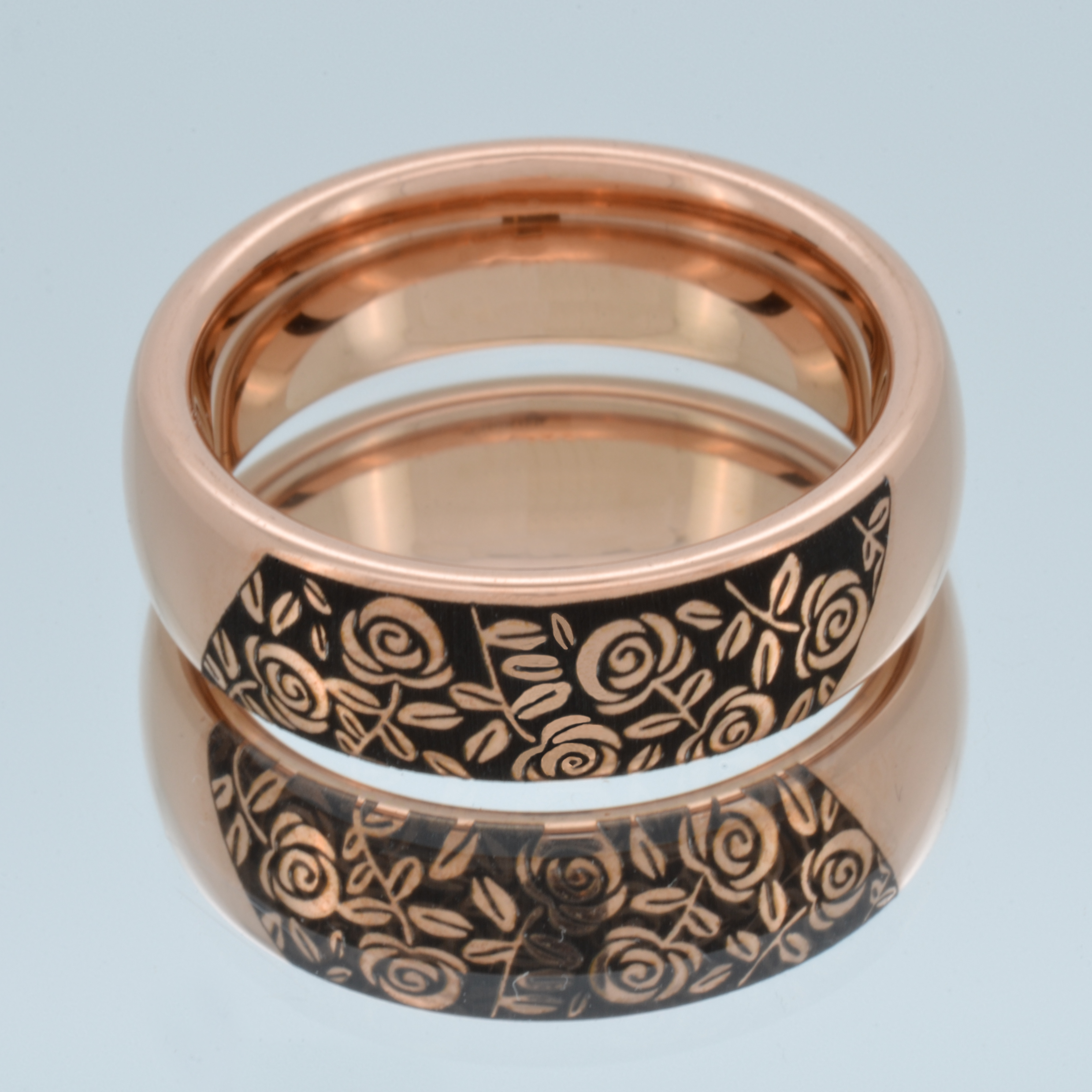 Blooming rose floral pattern on a luxury elegent rose gold plated tungsten ring, wedding anniversary band