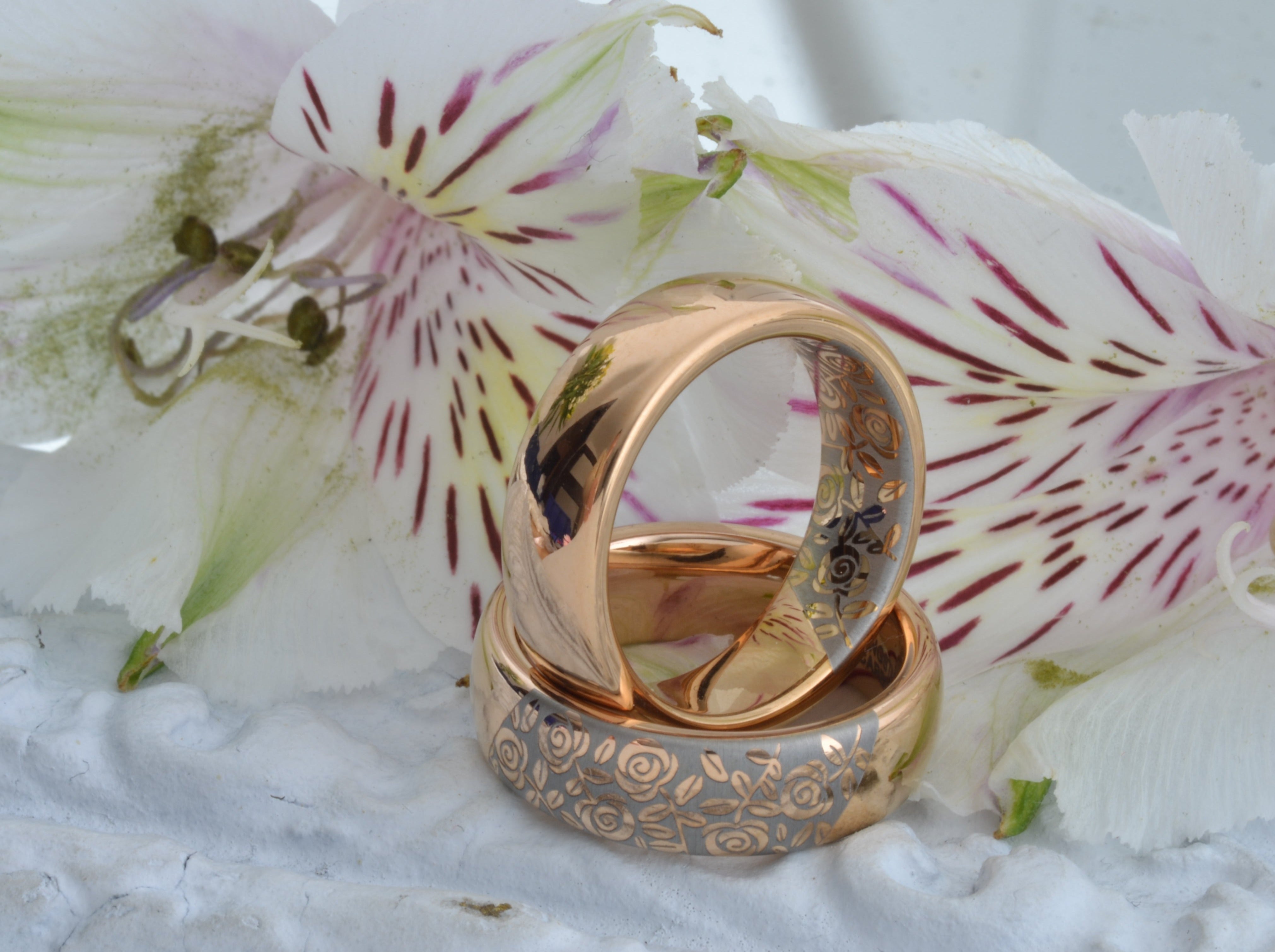 romatic rose floral pattern on rose gold plated tungsten ring, elegant white engraving, valentine gift for best friend, chic wedding anniversary engagement gift for him and her