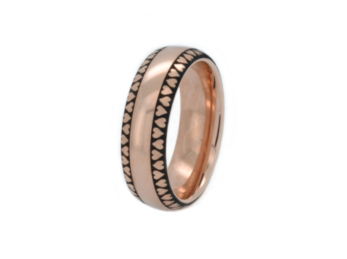 elegant luxury rose gold tungsten band with engraved heart pattern, romantic valentines gift for her, unique chic wedding ring, luxury anniversary gift