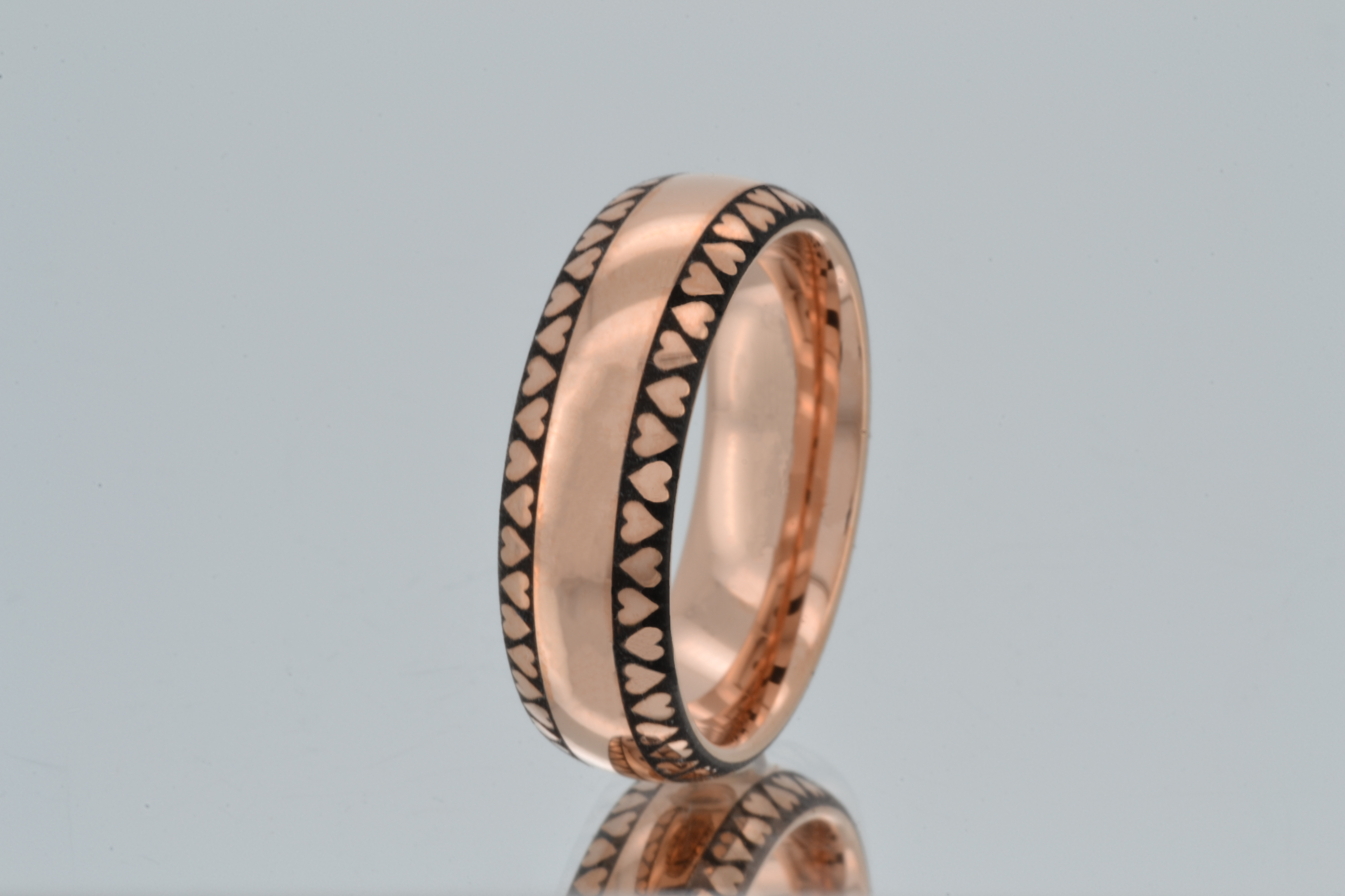 elegant luxury rose gold tungsten band with engraved heart pattern, romantic valentines gift for her, unique chic wedding ring, luxury anniversary gift