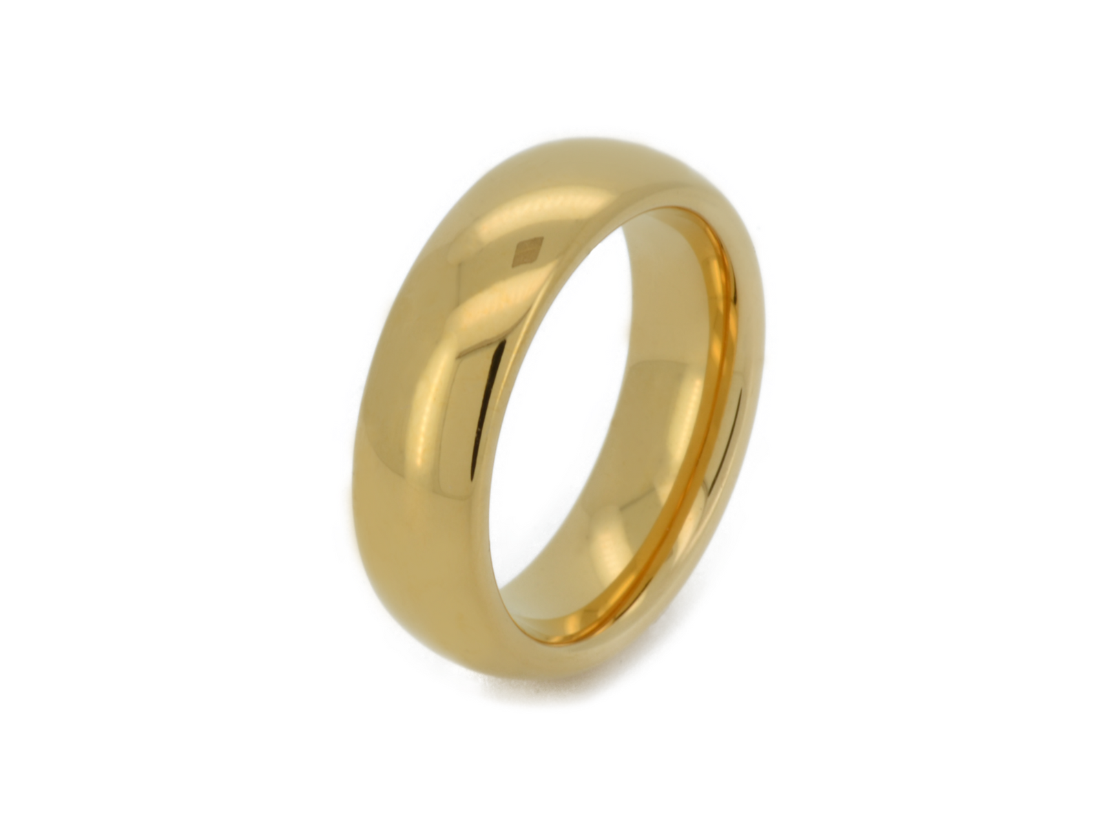 High Polished Yellow Gold Tungsten Wedding Band with a polished plain surface, shown against a light background.