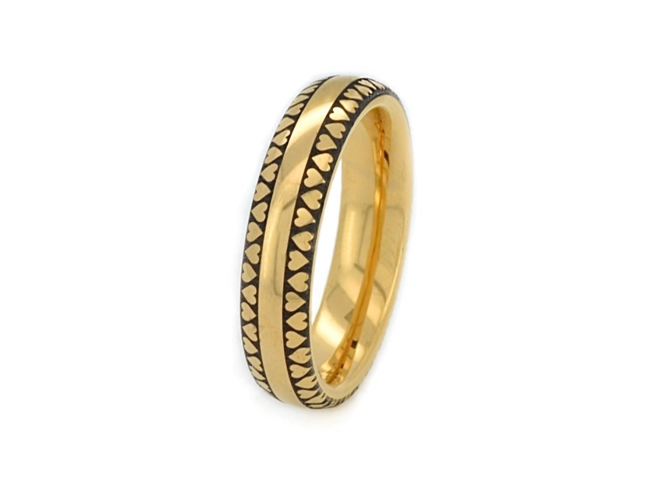 Tungsten Gold 'Eternal Love Band' featuring a continuous black heart pattern against a golden background