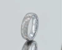 Elegant white gold tungsten with intricate silver floral engraving, featuring a polished shiny finish and delicate patterns. Durable and stylish, this engraved tungsten wedding or engagement band for her or him