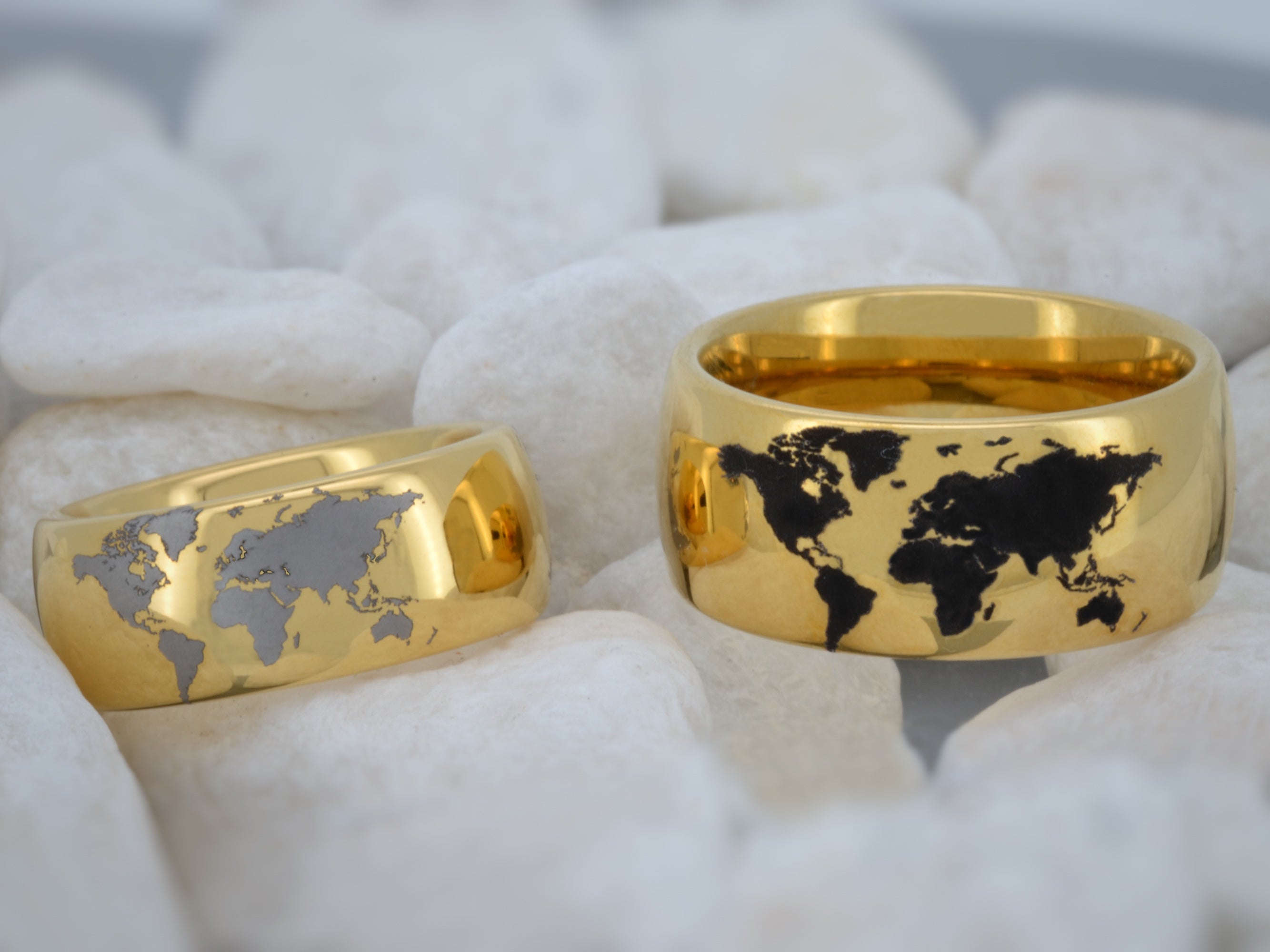 Highly polished Yellow gold tungsten ring with unique elegant white engraving of earth continents. An ideal elegant gift for travellers and adventurers. Premium anniversary wedding band for special occasion or engagement. Luxury promise ring for friend, girlfriend, mother, mom or granny. Ideal original personalized present for her and him