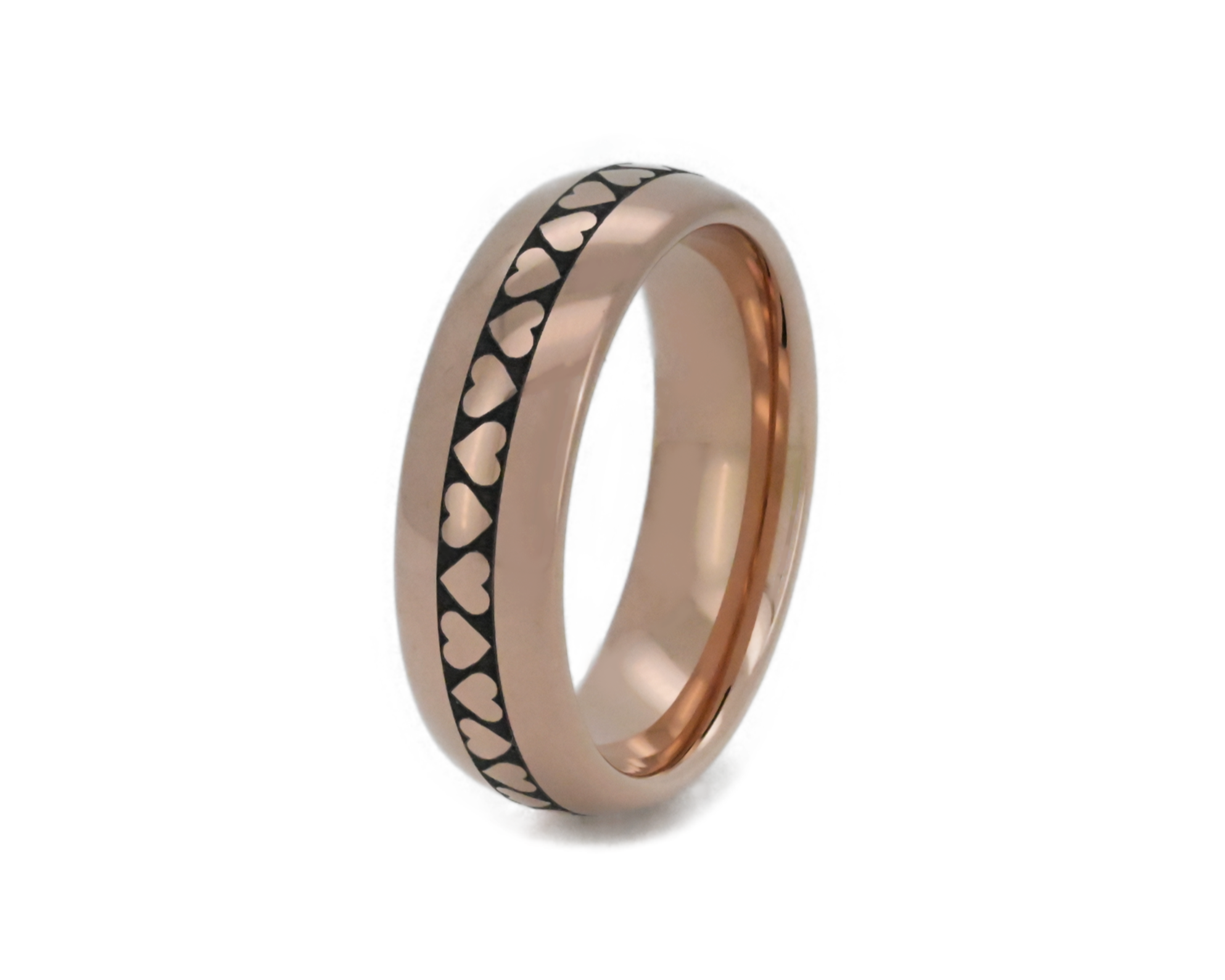 rose gold tungsten ring with engraved hearts in the middle of the ring