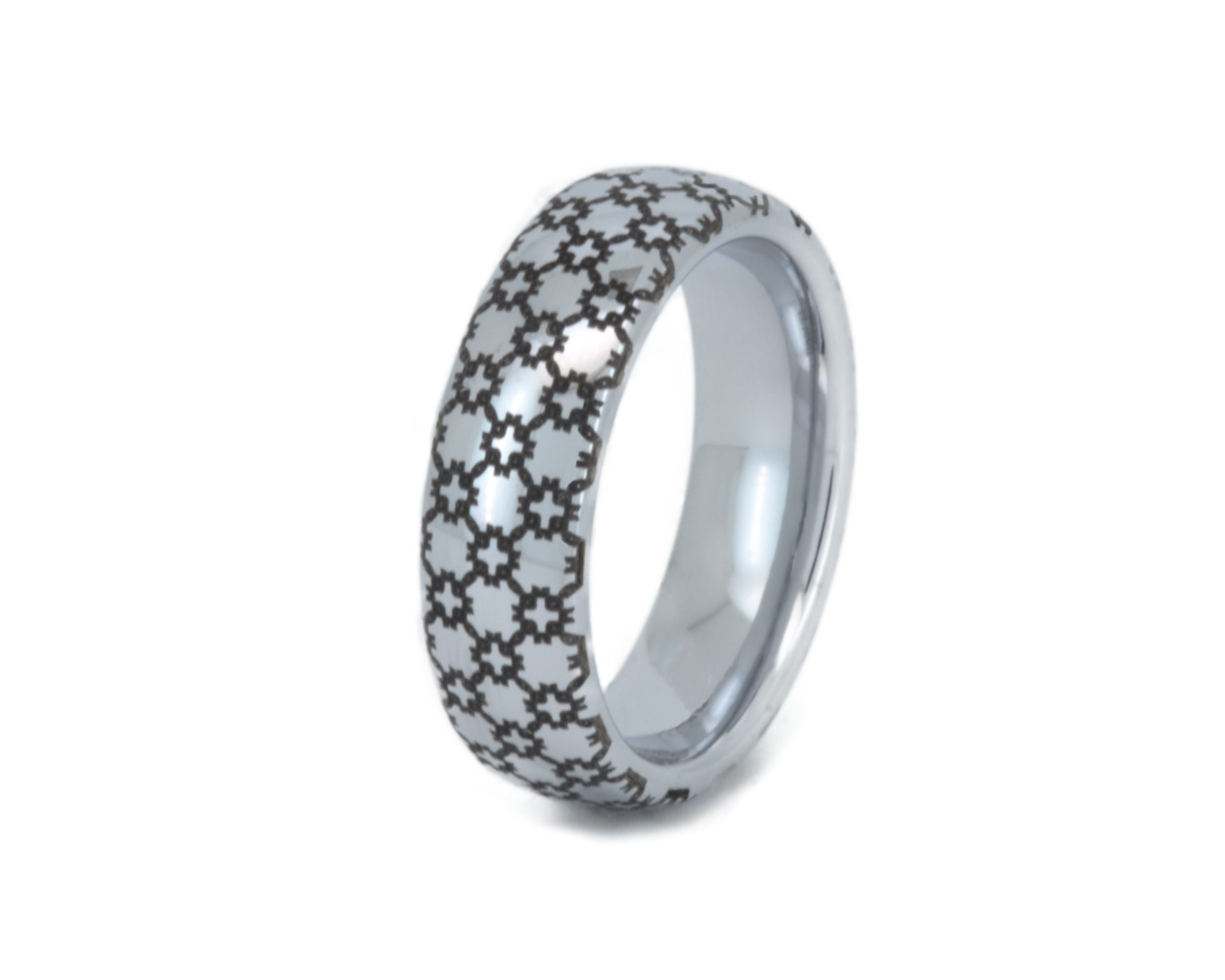 Silver ring with star pattern on a white background