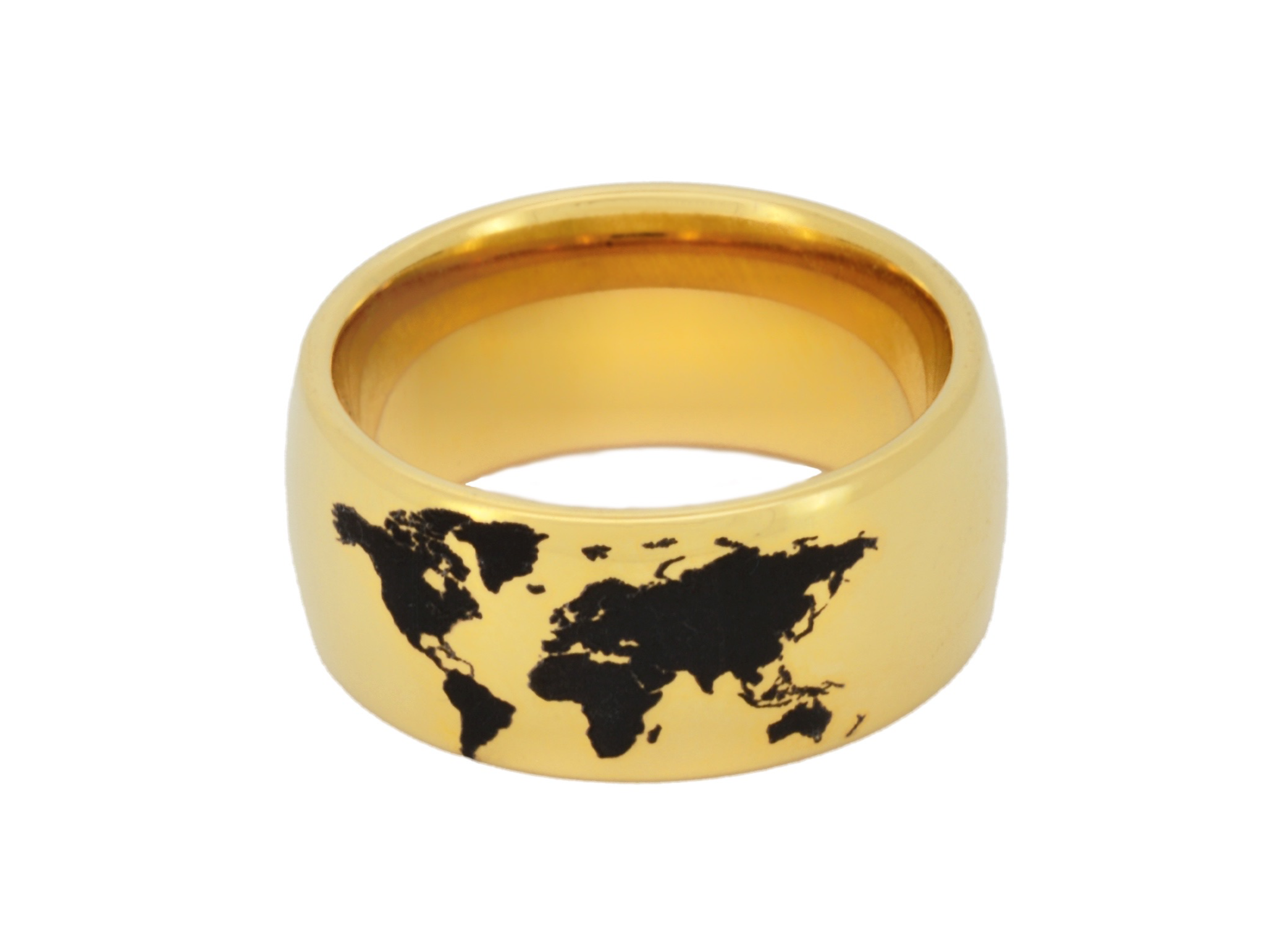 Highly polished Yellow gold tungsten ring with unique elegant black engraving of earth continents, premium high detail pattern. An ideal elegant gift for travellers and adventurers. Premium anniversary wedding band for special occasion or engagement. Luxury promise ring for friend, girlfriend, mother, mom or granny. Ideal original personalized present for her and him