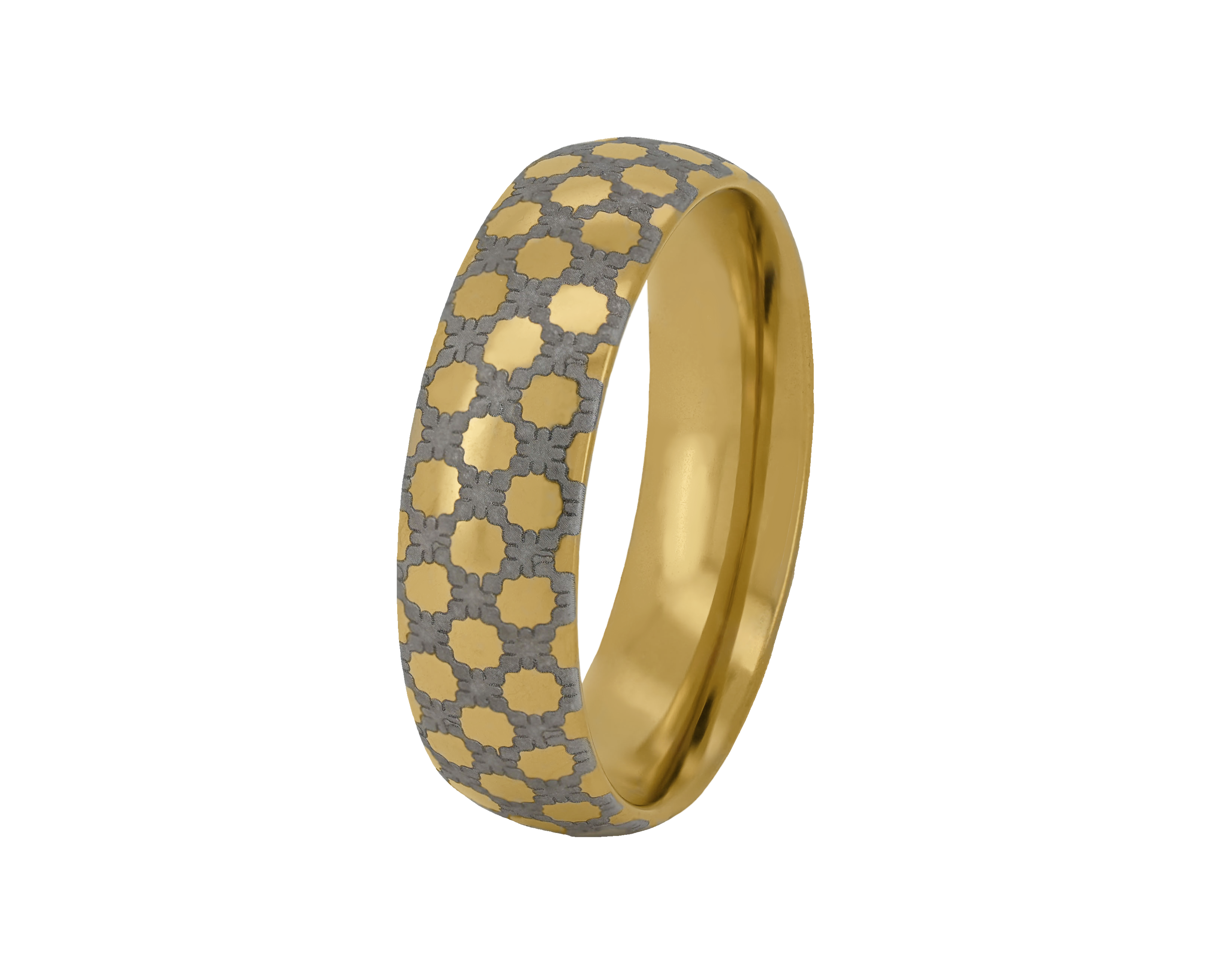 Gold ring with a patterned band on a white background