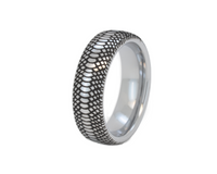 Silver tungsten ring with a black engraved snakeskin pattern, displayed on a white background.