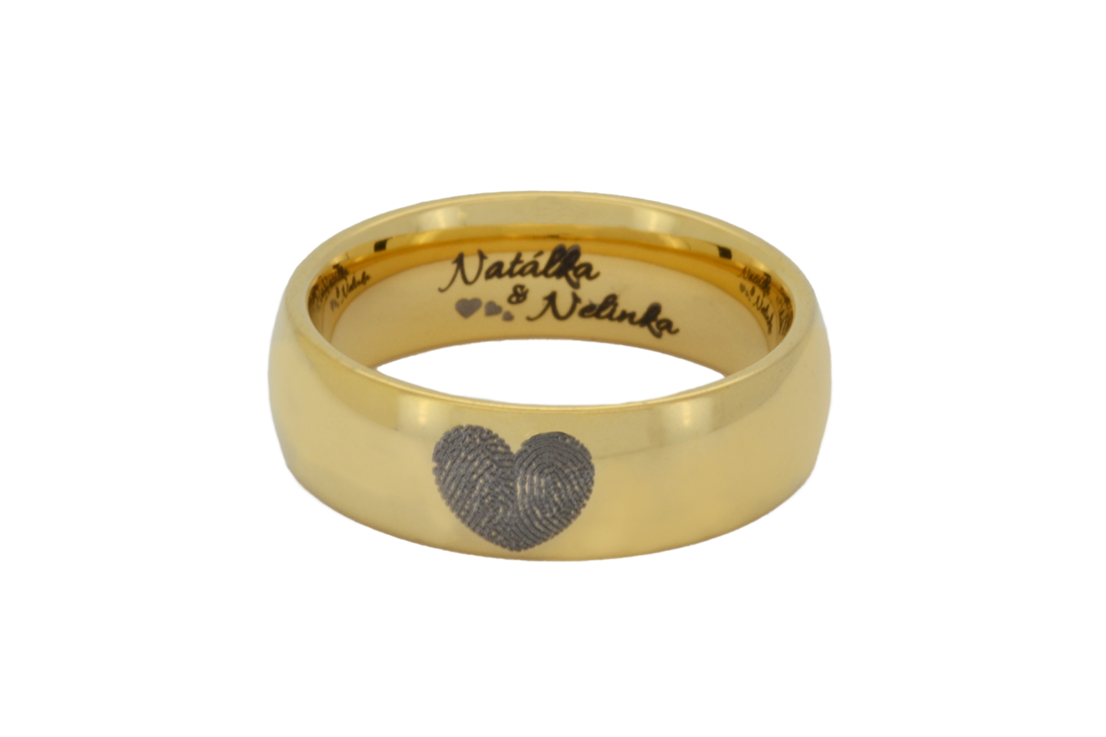 Yellow gold tungsten ring with engraved fingerprint heart and with inner engraving of names. 