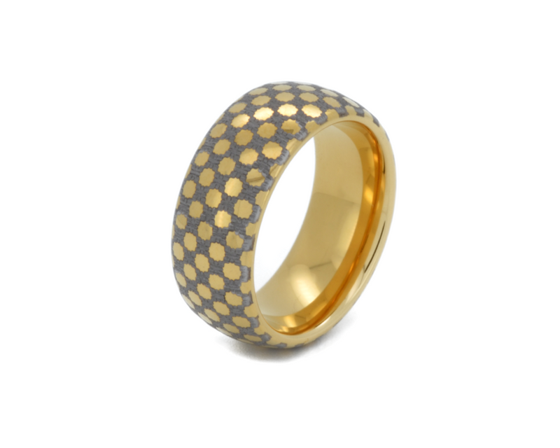 Yellow gold plated tungsten ring 8mm wide, elegant wedding and anniversary gift for special occasion, present for friend, wife, groom, bride and unique gift for him and her, comfort fit design, laser engraving in white-grey colour