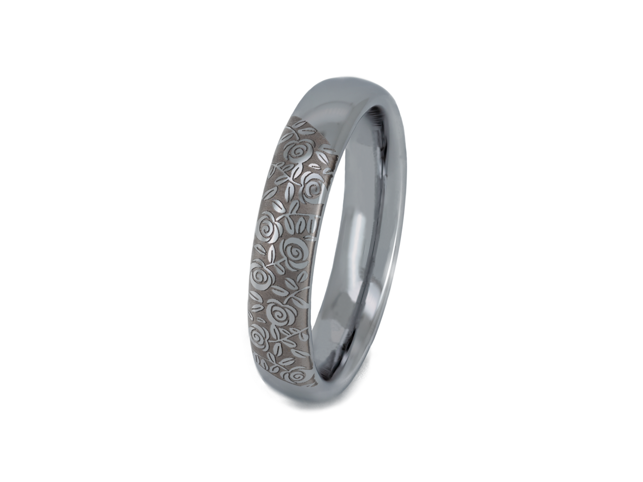 Silver Blooming Rose tungsten ring with delicate engraved rose pattern on a white background.