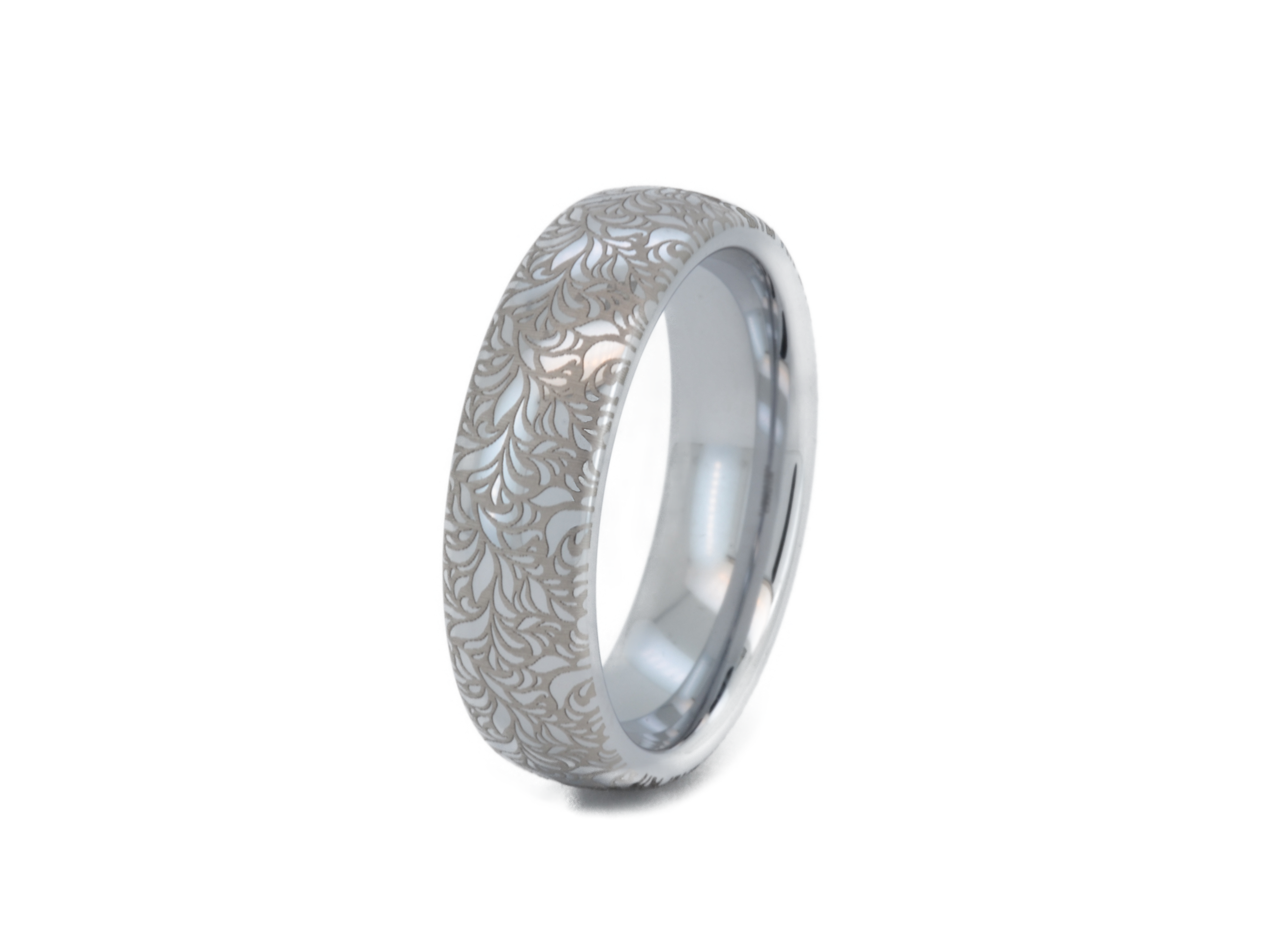 Elegant white gold tungsten ring with intricate silver floral engraving, featuring a polished shiny finish and delicate patterns. Durable and stylish, this engraved tungsten wedding or engagement band for her or him