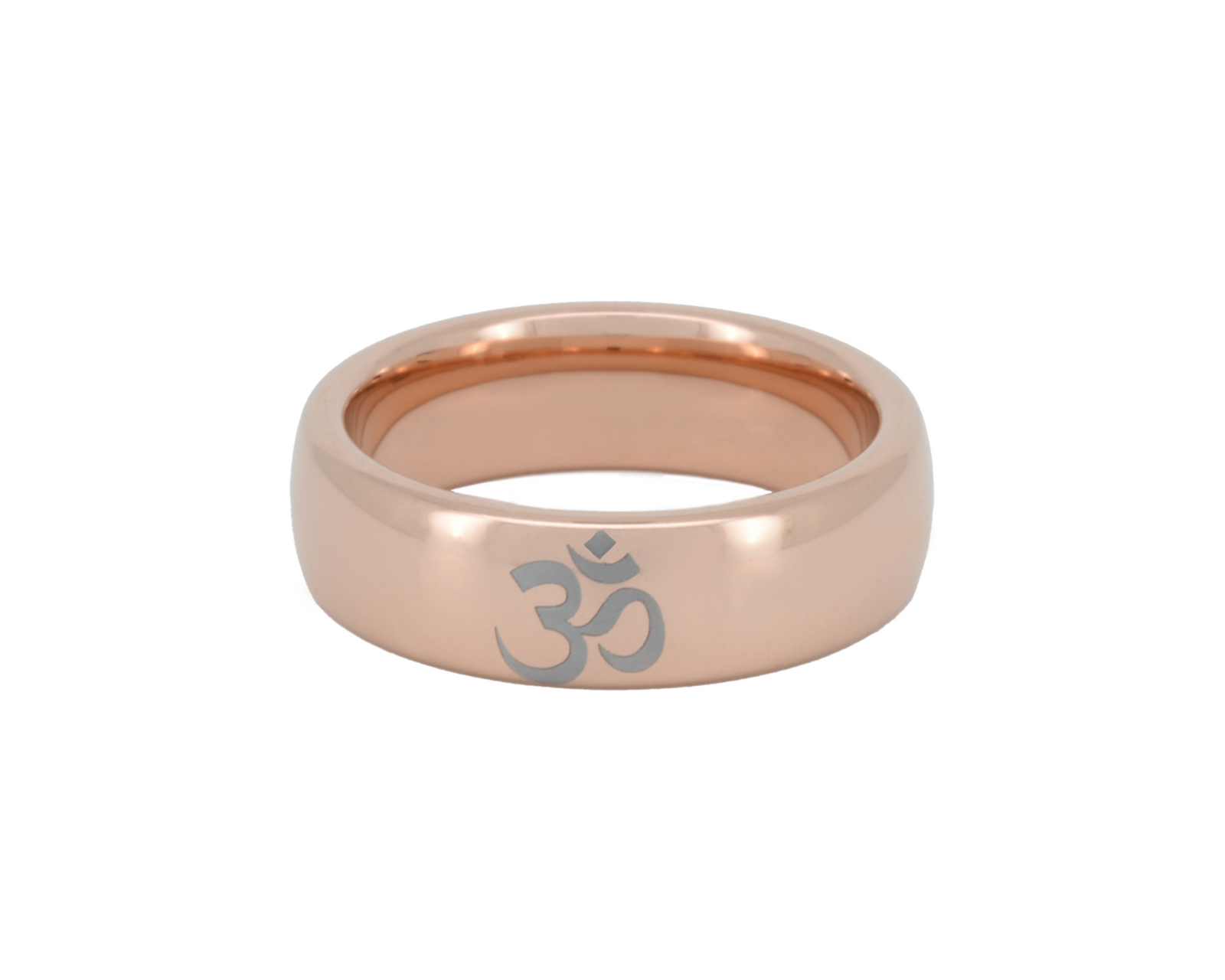 Rose gold ring with Om symbol on a white background