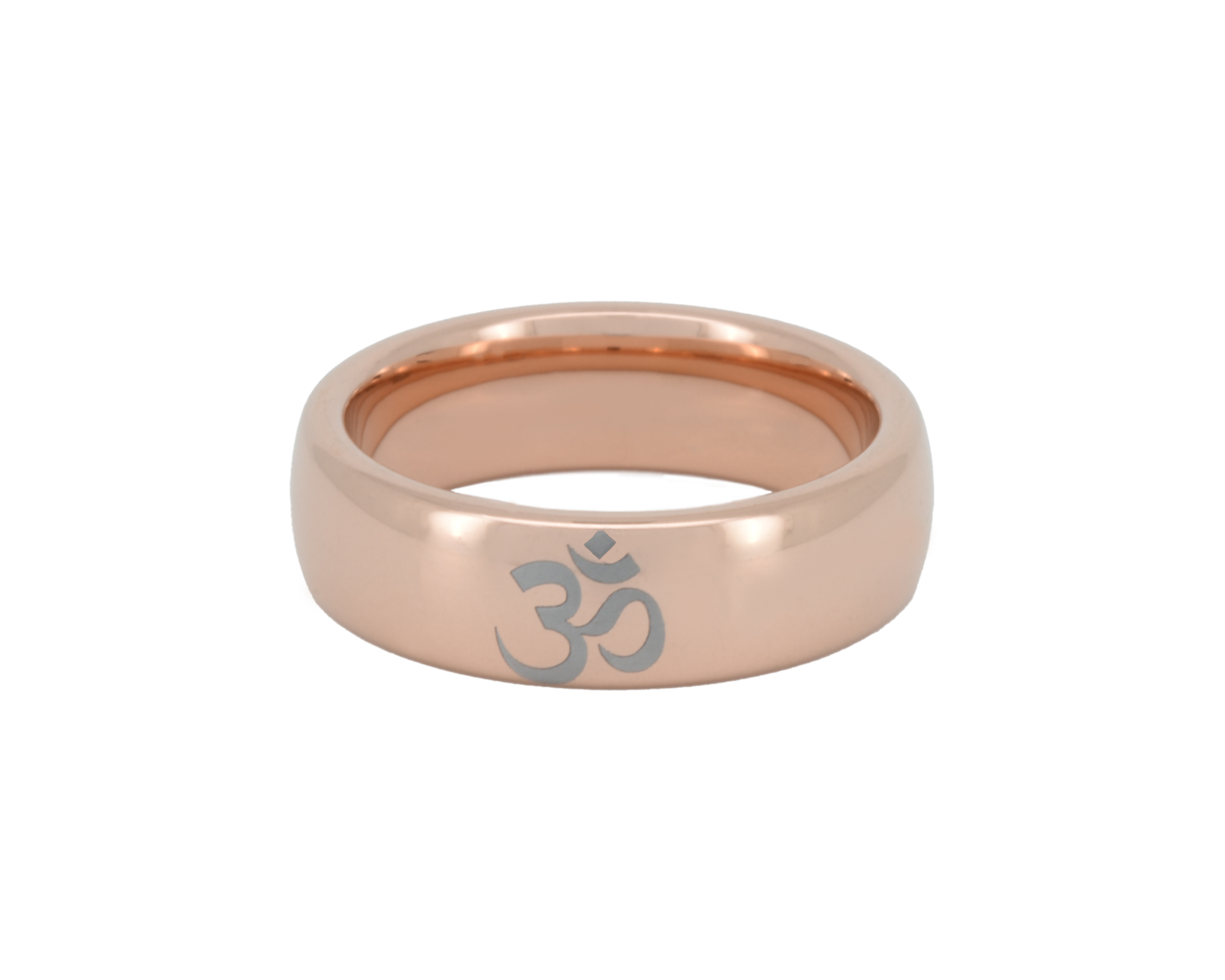 Rose gold ring with Om symbol on a white background
