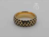 luxury elegant yellow gold plated tungsten ring, chic black engraving, unique pattern, best wedding anniversary ring for special occasions, ring for her and him