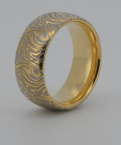 unique mokume ganne damascus pattern on yellow gold plated tungsten ring, elegant luxury wedding band for special occasions, anniversary engagement gift for her and him