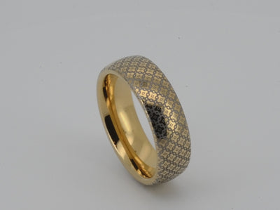 Gold wedding tungsten ring with a timeless diamond pattern and a shiny finish, featuring an elegant design.