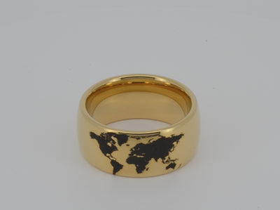 Highly polished Yellow gold tungsten ring with unique elegant black engraving of earth continents, premium high detail pattern. An ideal elegant gift for travellers and adventurers. Premium anniversary wedding band for special occasion or engagement. Luxury promise ring for friend, girlfriend, mother, mom or granny. Ideal original personalized present for her and him