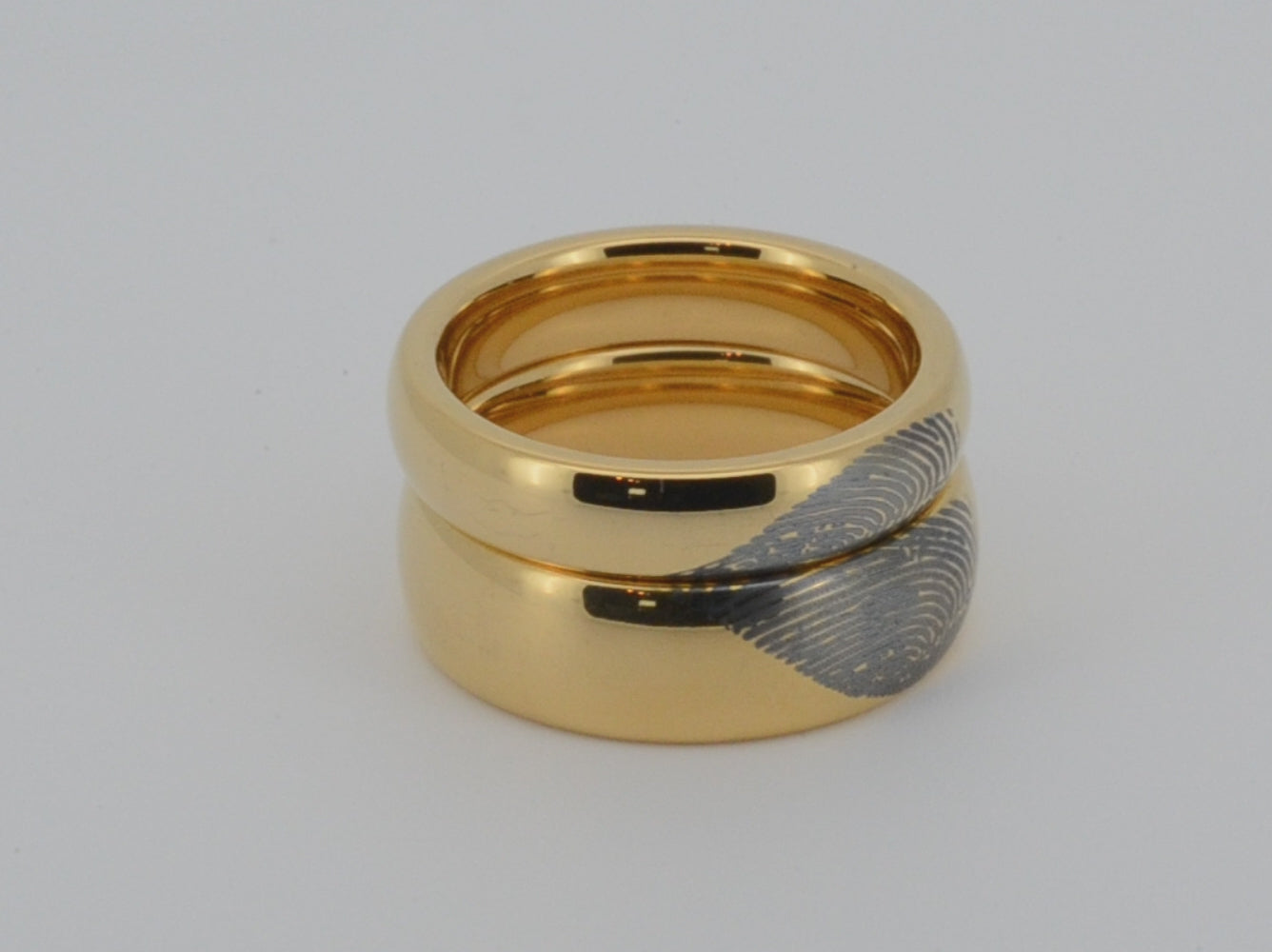 real fingerprint wedding band set, couples wedding ring set with unique laser engraving of actual fingerprint, anniversary engagement yellow gold tungsten ring set, mother baby ethernal love commitment, best firend partner gift for him and her