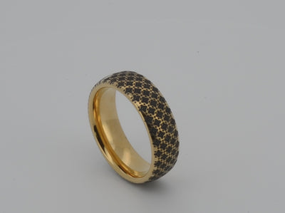 Highly polished Yellow gold tungsten ring with unique elegant black engraving of cross or star like ornamental engraving, elegant geometric pattern, premium high detail pattern. An ideal elegant gift for travellers and adventurers. Premium anniversary wedding band for special occasion or engagement. Luxury promise ring for friend, girlfriend, mother, mom or granny. Ideal original personalized present for her and him