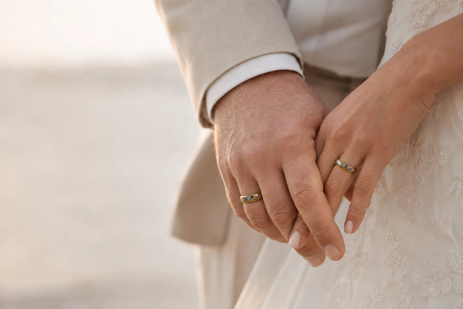 Newlyweds wearing holographic HoloRing wedding rings